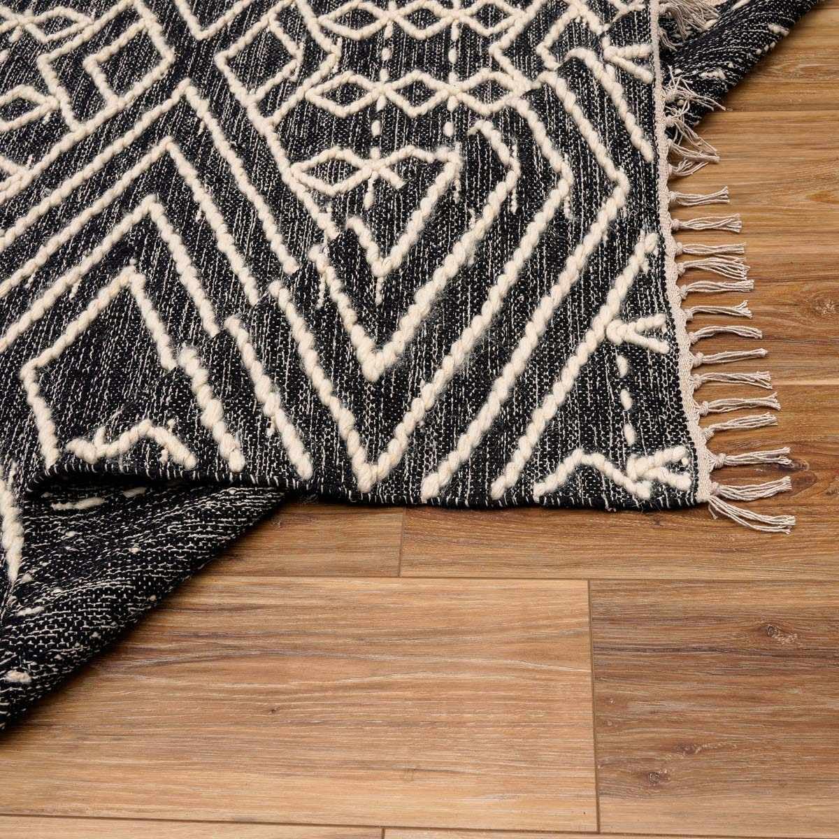 Bohemian Area Rug 8' x 10' - Hauteloom Skedee Handwoven Living Room & Bedroom Rug in Black & Beige - Perfect for Boho Chic Decor, Cozy Home & Modern Interior Design