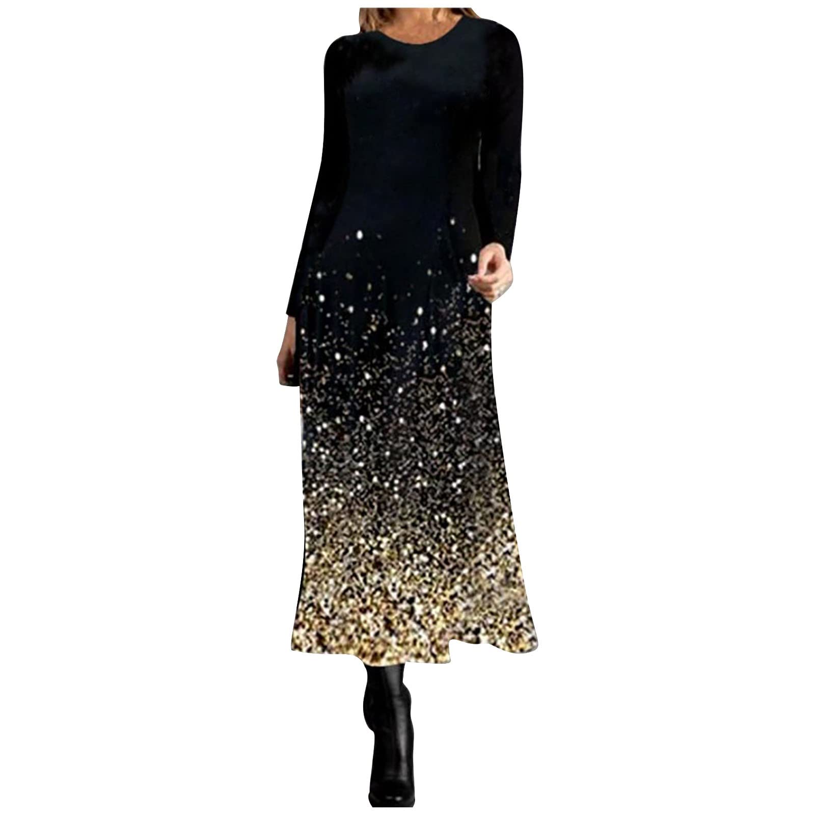 Women's Printed Long Sleeve Casual Dress - Soft Round Neck Petite Summer Dress for Women - Perfect for Beach Vacations, Date Nights & Office Wear