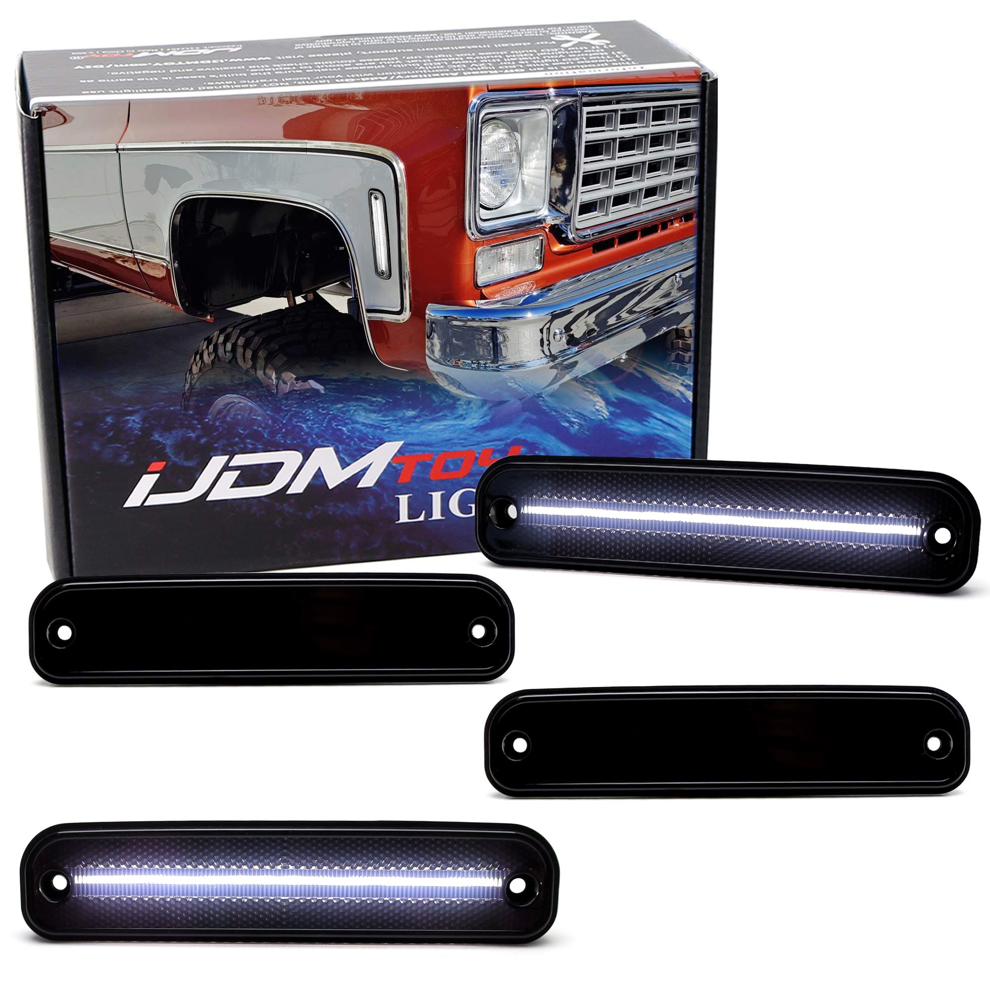 4-Piece Smoke Lens White Full LED Side Marker Lights Kit for 1975-1980 Chevy GMC C/K Pickup Trucks - Durable Replacement for Improved Night Visibility & Safety