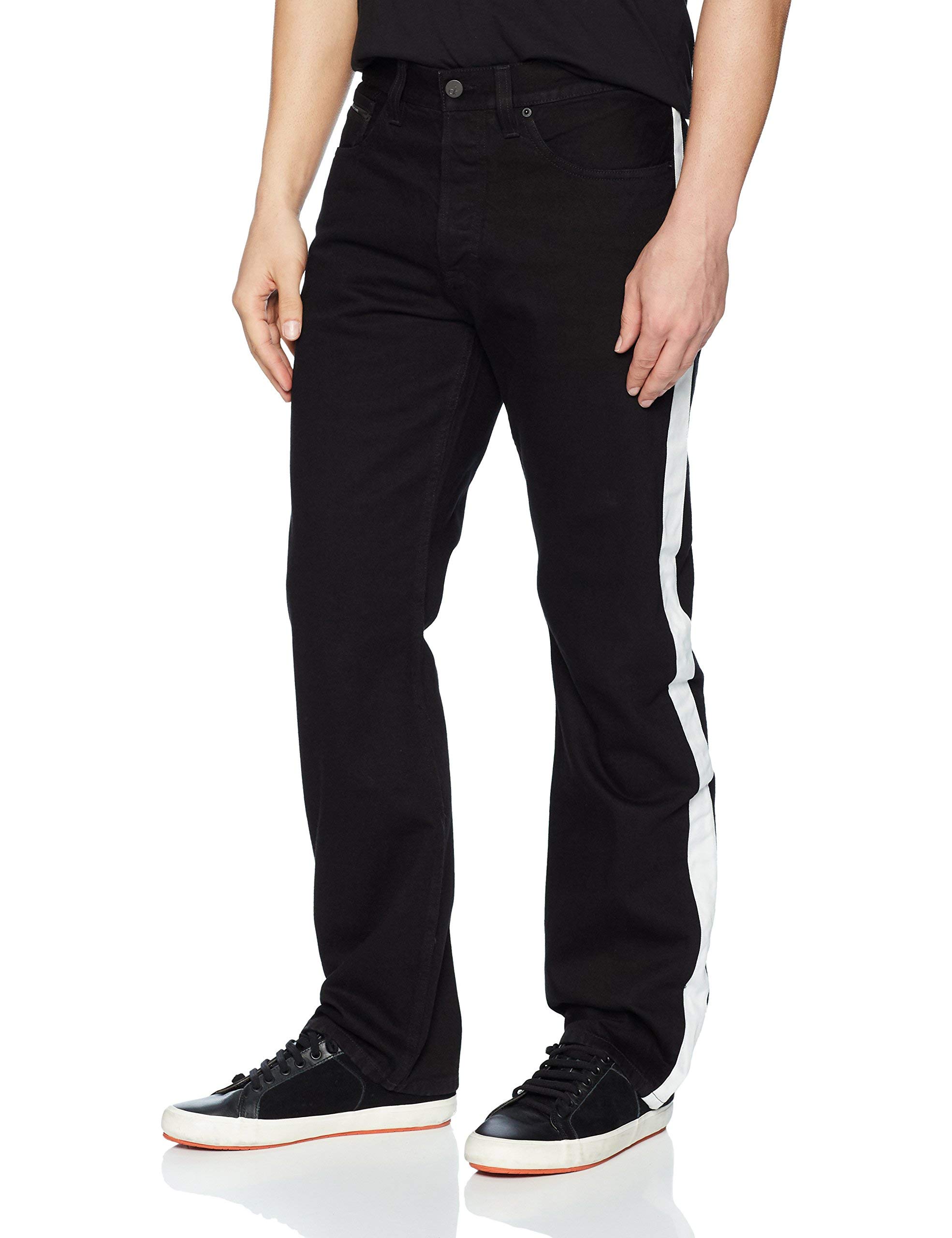 Calvin Klein Jeans Men's High Rise Straight Fit Black Denim Pants with White Stripe - 32x32 Size, Classic Casual & Office Wear for Everyday Style