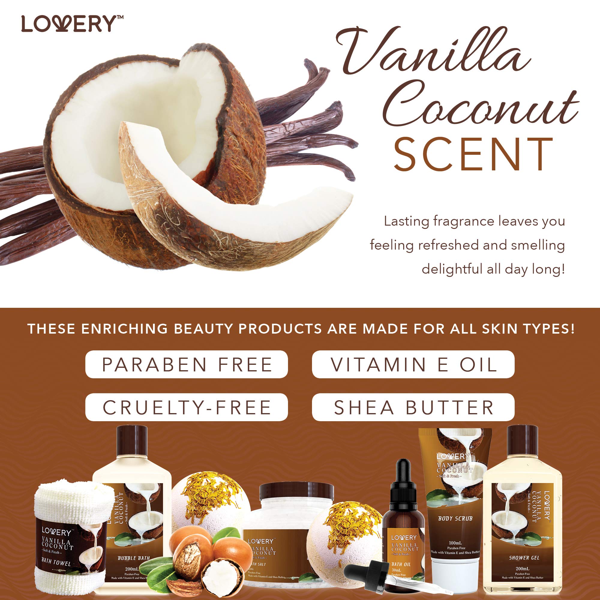 Vanilla Coconut Spa Gift Basket for Women & Men - 9 Piece Luxury Bath & Body Set with Bath Bombs, Lotion, Coconut Oil & Plush Towel | Perfect Birthday, Anniversary & Holiday Present for Relaxation & Self-Care