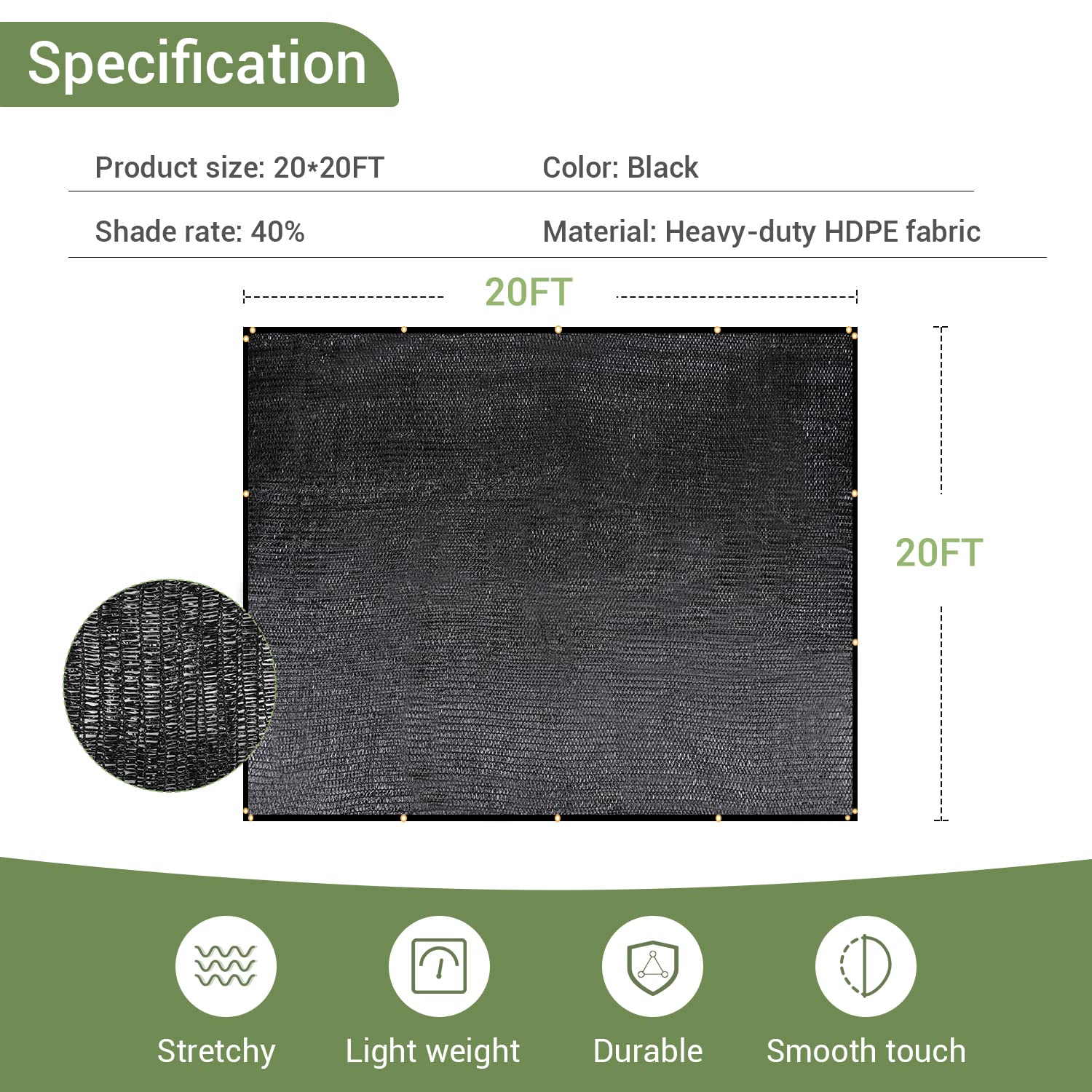 40% UV-Resistant Garden Shade Cloth - 20x20FT HDPE Mesh Tarp with Reinforced Grommets - Outdoor Sun Shade for Greenhouse, Garden, Patio Plants & Pergola - Perfect for Plant Protection and Outdoor Cooling