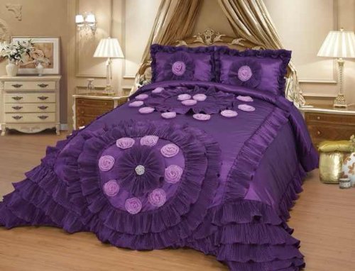 Octorose Royalty Oversize Wedding Bedding Set - Purple Full/Queen (102x110) Comforter & Quilt | Luxury Bedspread for Bridal Suite, Honeymoon & Master Bedroom Decor