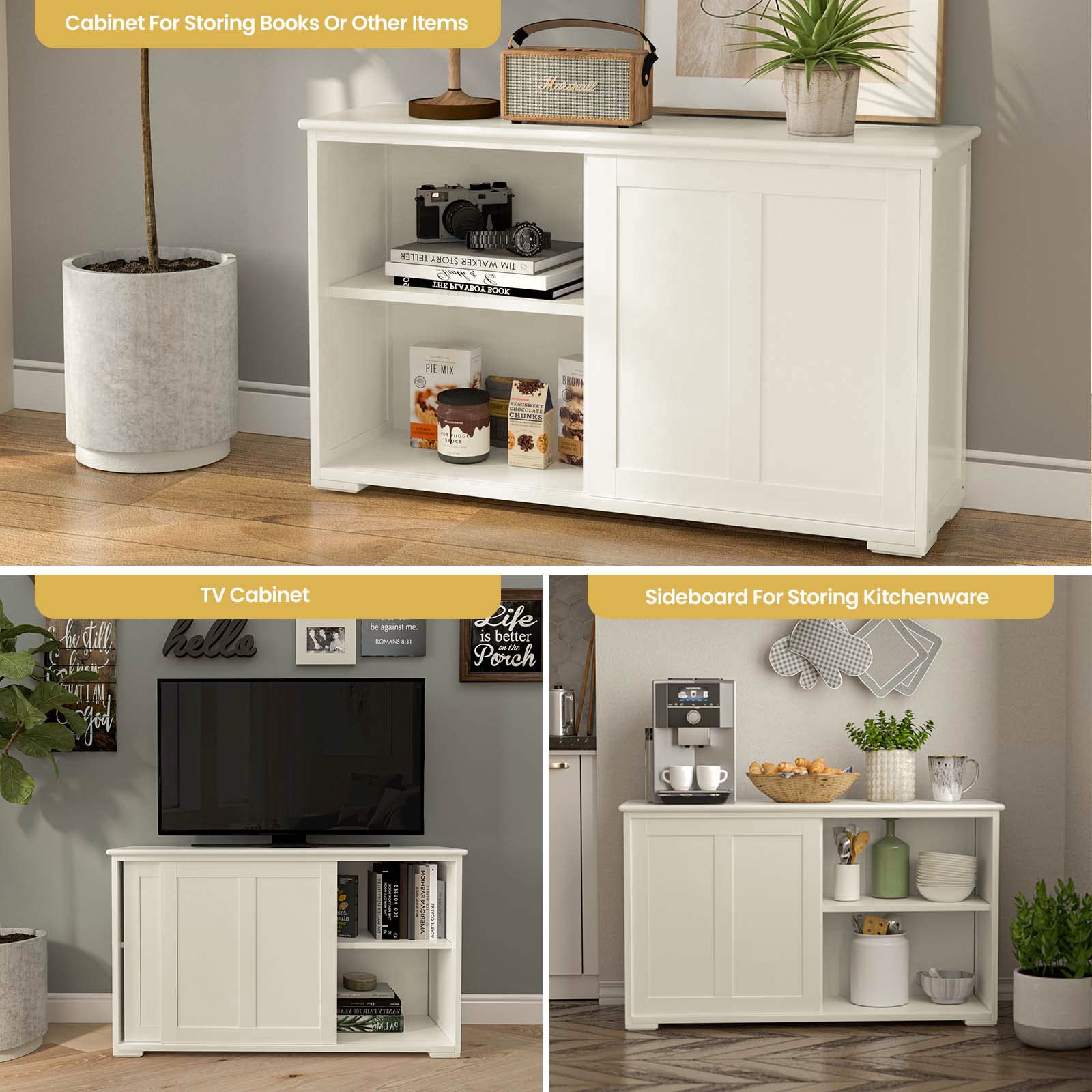 NAFORT Sideboard Buffet Cabinet with Adjustable Shelves & Sliding Doors - Stackable Kitchen Storage Cabinet for Dining Room, Entryway, Living Room - Cream White Modern Furniture for Home Organization