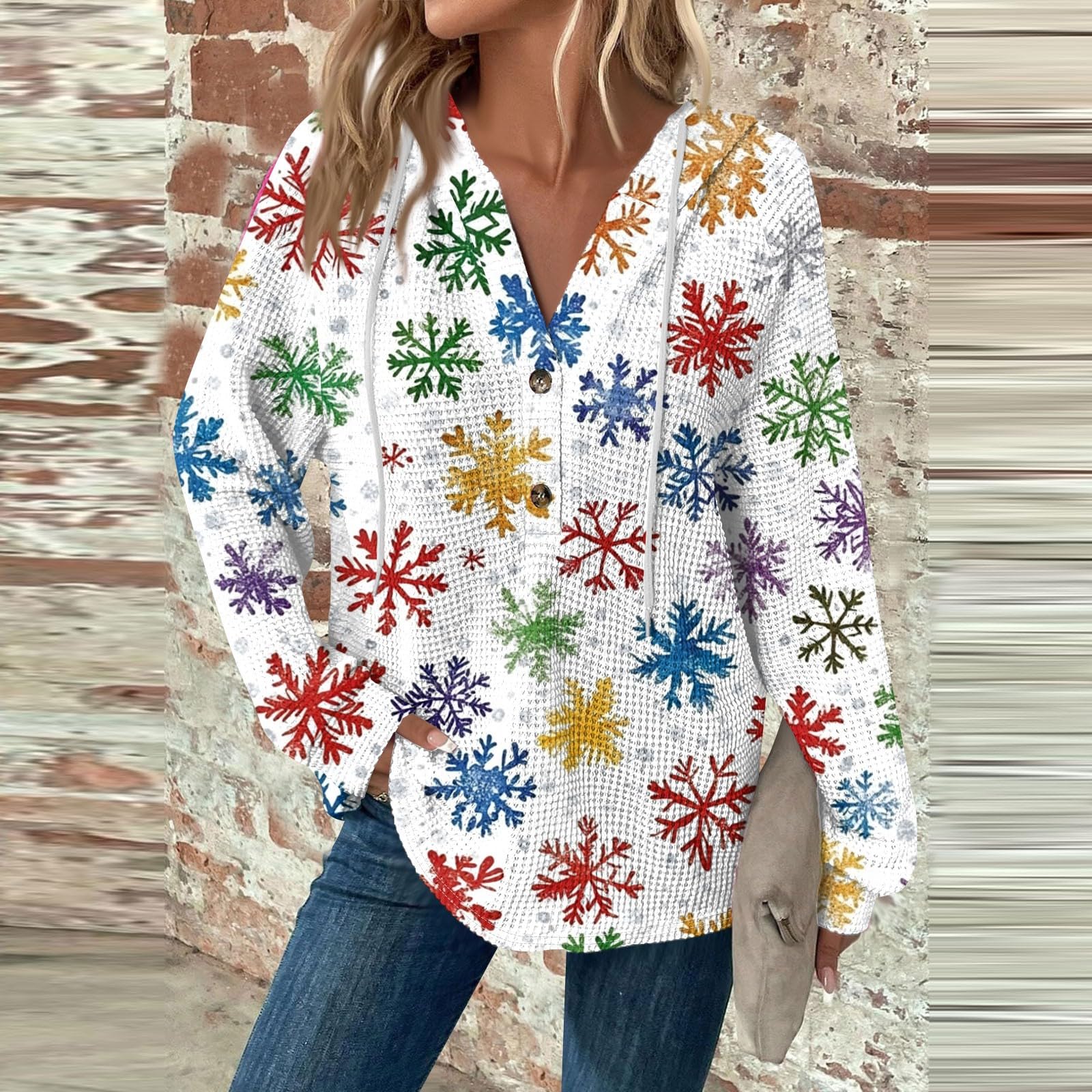 Cozy Women's Christmas Waffle Knit Hoodie - Long Sleeve V-Neck Pullover Sweatshirt with Drawstring | Holiday Party, Family Gathering & Winter Outfit Essential