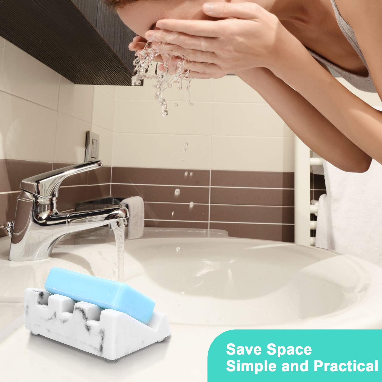 White Marble Soap Dish with Drain - Self Draining Soap Holder Tray for Bathroom & Shower - Modern Waterfall Design Bar Soap Saver - Easy Clean Bath Accessories for Sink Countertop Decor