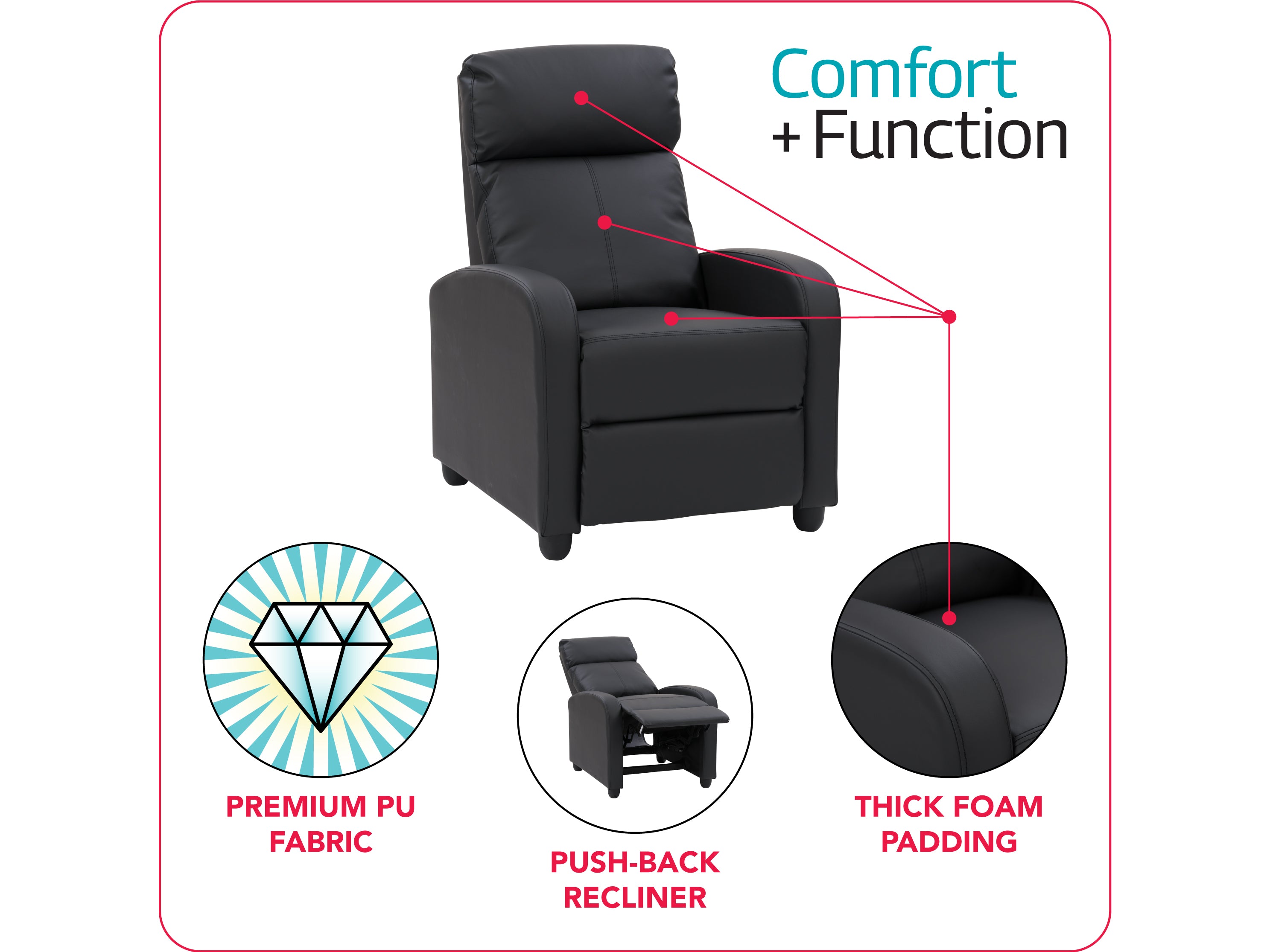 Black Push Back Recliner Chair - Comfortable Leather Living Room Recliner with Adjustable Backrest - Perfect for Home Theater, Gaming, and Relaxation