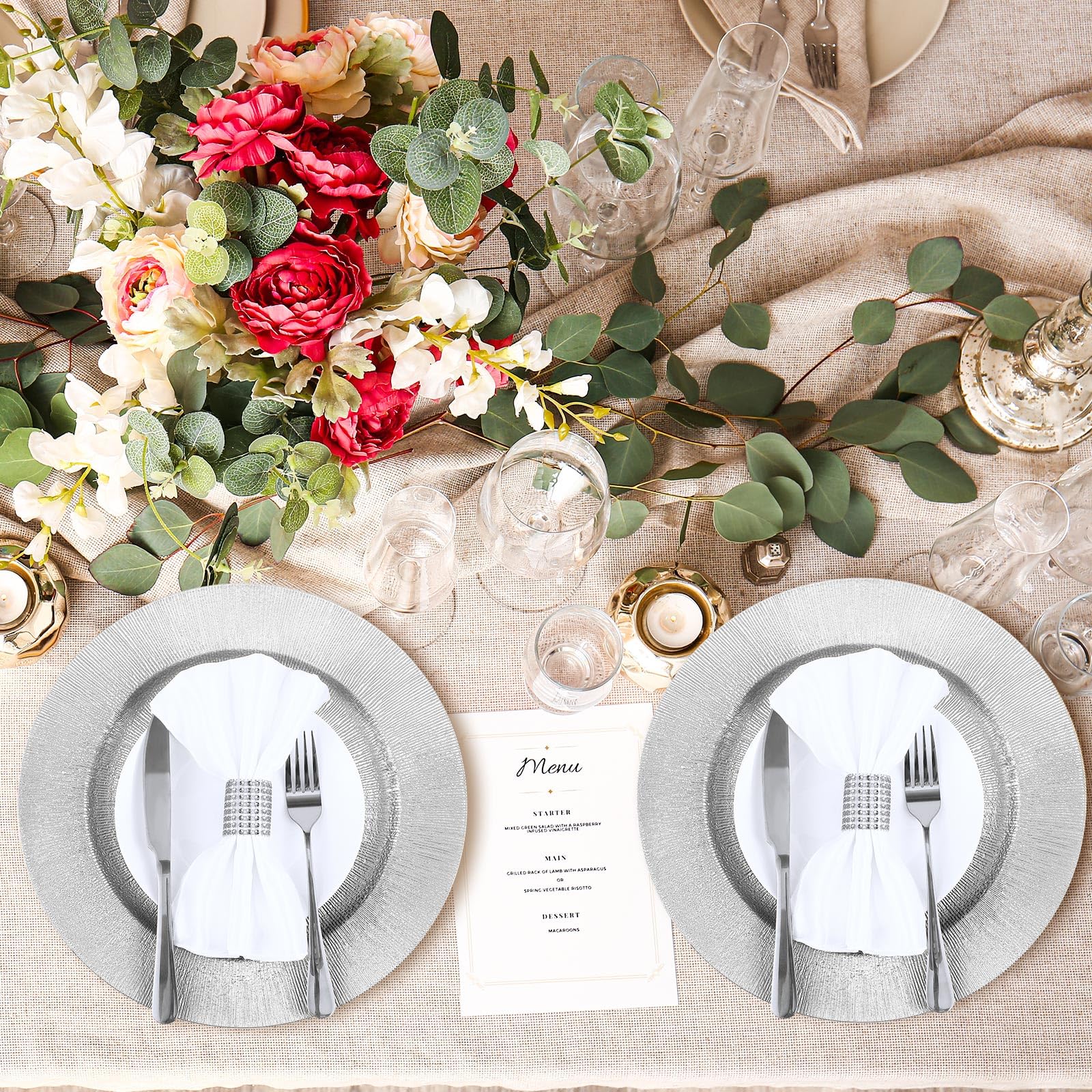 Tanlade 50 Pcs 13 Inch Round Plastic Charger Plates Bulk - Elegant Silver Reusable Dinner Plates for Wedding, Party & Event Table Settings - Perfect for Buffet, Banquet, and Fine Dining Decor