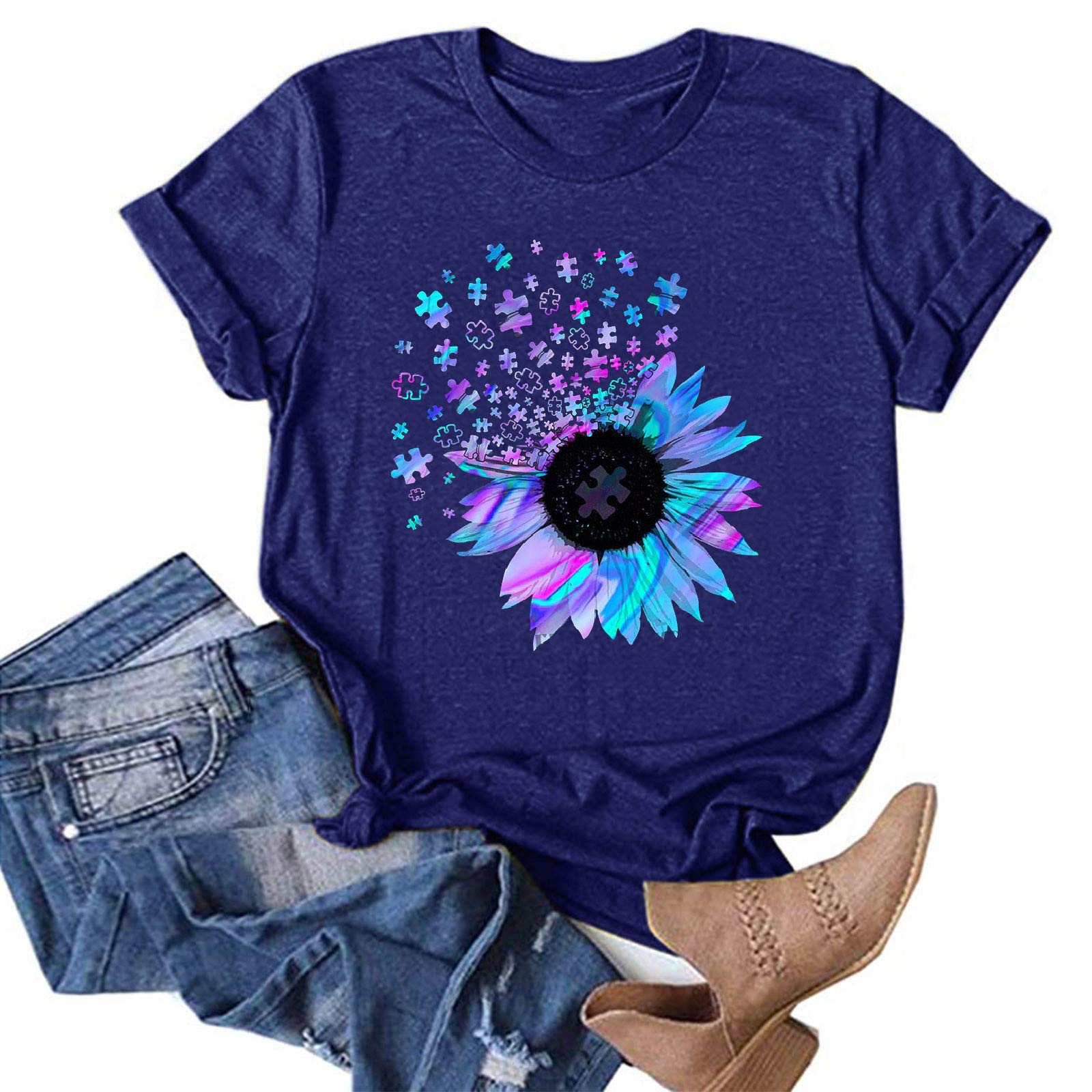 VISLINDU Women's Short Sleeve Graphic T-Shirt - Sunflower Print Casual Summer Blouse, Breathable Cotton Tunic Top for Everyday Wear, Outdoor Activities & Vacation Outfits