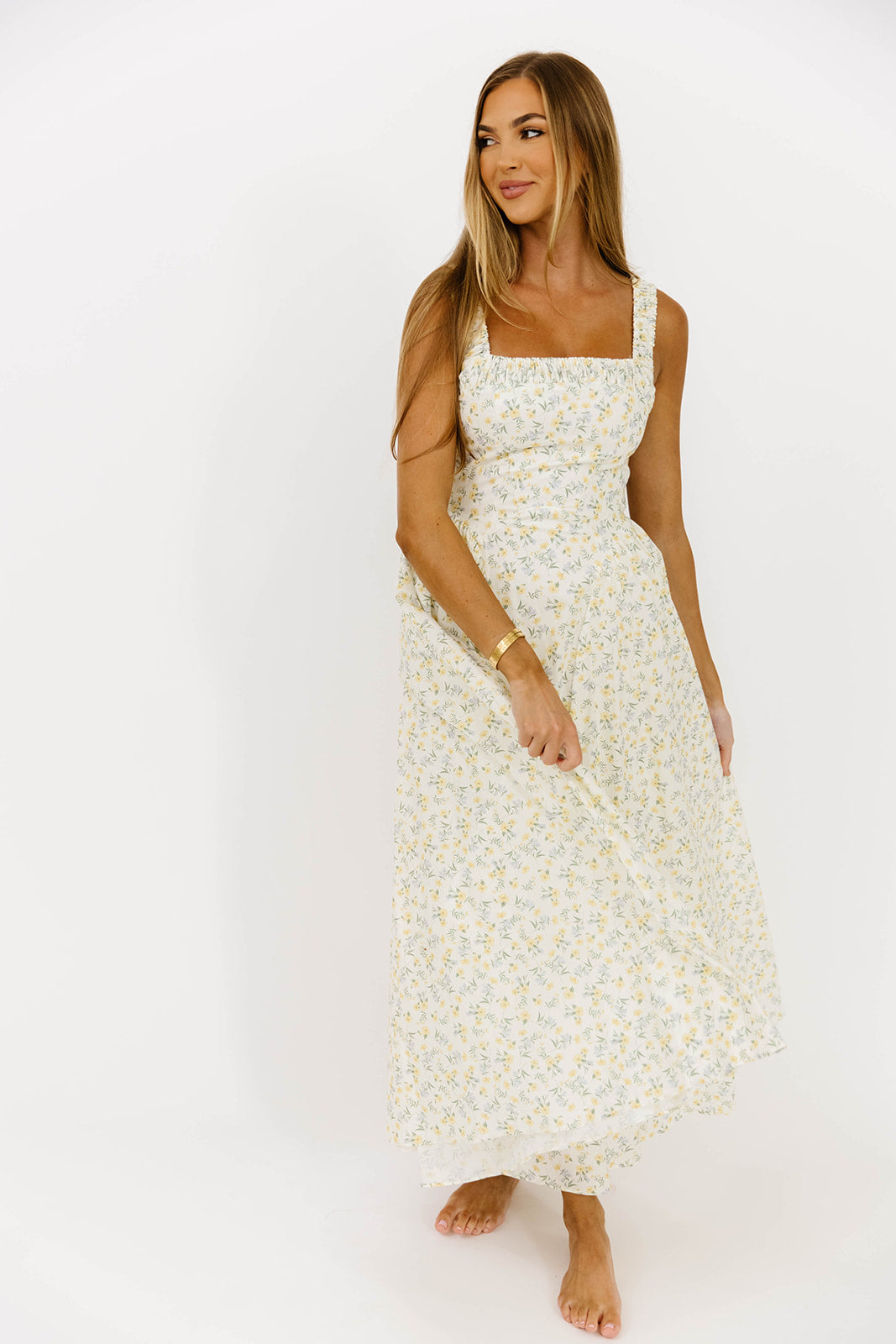 Floral Print Ruched Square Neck Midi Dress - Yellow Summer Dress for Women, Perfect for Beach Vacations, Garden Parties & Date Nights
