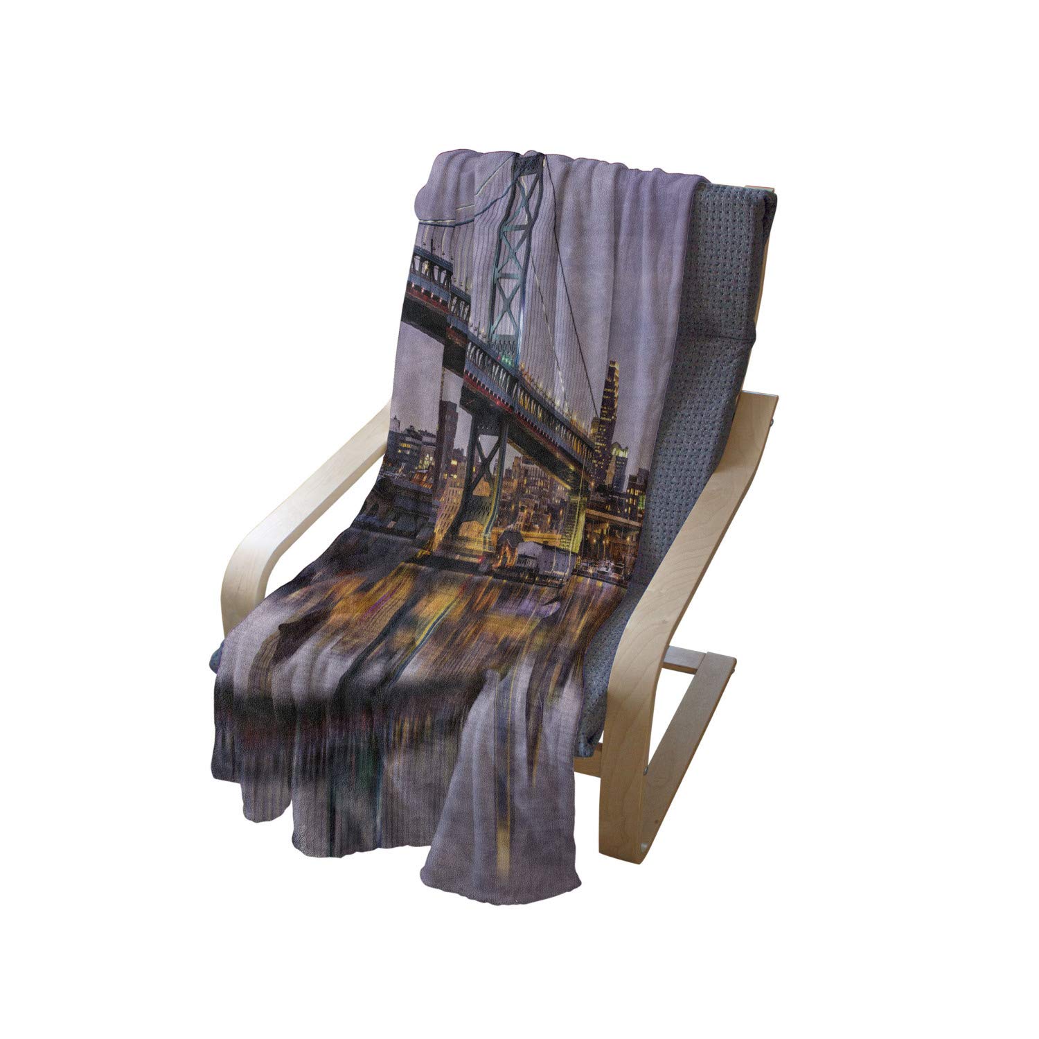 Lunarable USA Soft Flannel Fleece Throw Blanket - Ben Franklin Bridge & Philadelphia Skyline Sunset Water Reflections - 60