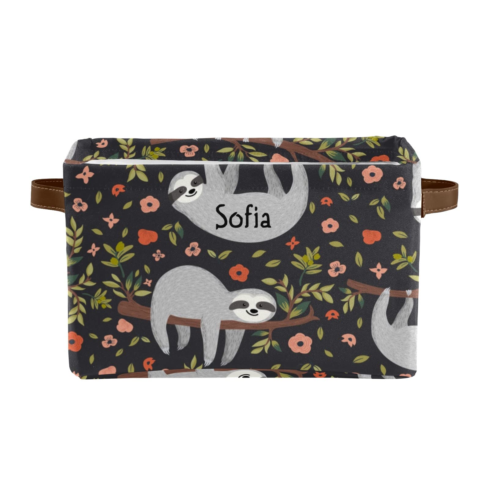 Personalized Pink Flower Sloth Canvas Storage Bins with Name Text & Leather Handles - 2 Pack for Office, Bathroom, Nursery, Closet & Shelf Organization - Perfect for Baby Room Decor & Home Storage Solutions