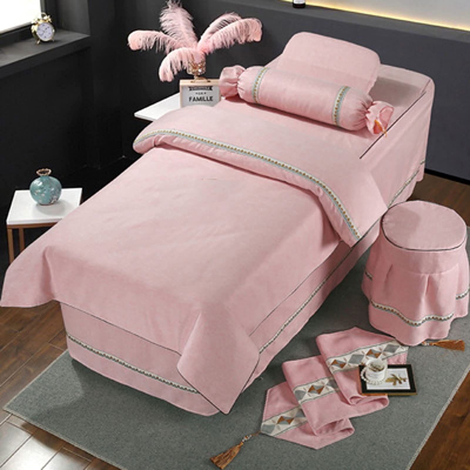Premium 4-Piece Massage Table Skirt Set - Luxury Cotton Linen Tencel Bedspread for Spa & Physical Therapy (Pink, 80x190cm & 70x185cm) - Perfect for Professional Massage Clinics, Home Spa Treatments and Relaxation Therapy Sessions