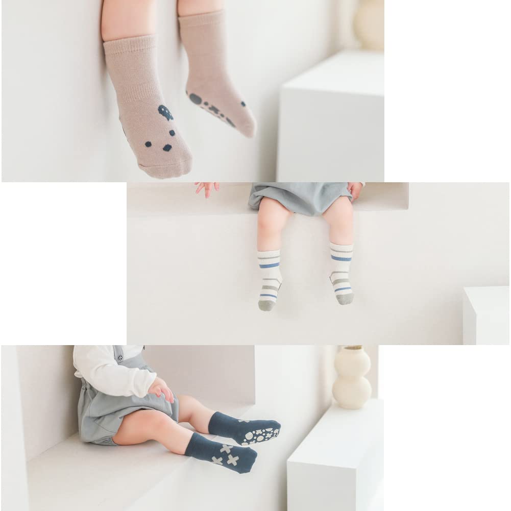Exegawe Non-Slip Baby Socks with Grips - 5 Pairs Cute Toddler Crew Socks for Boys & Girls - Perfect for Indoor Play, Learning to Walk, and Daycare Safety