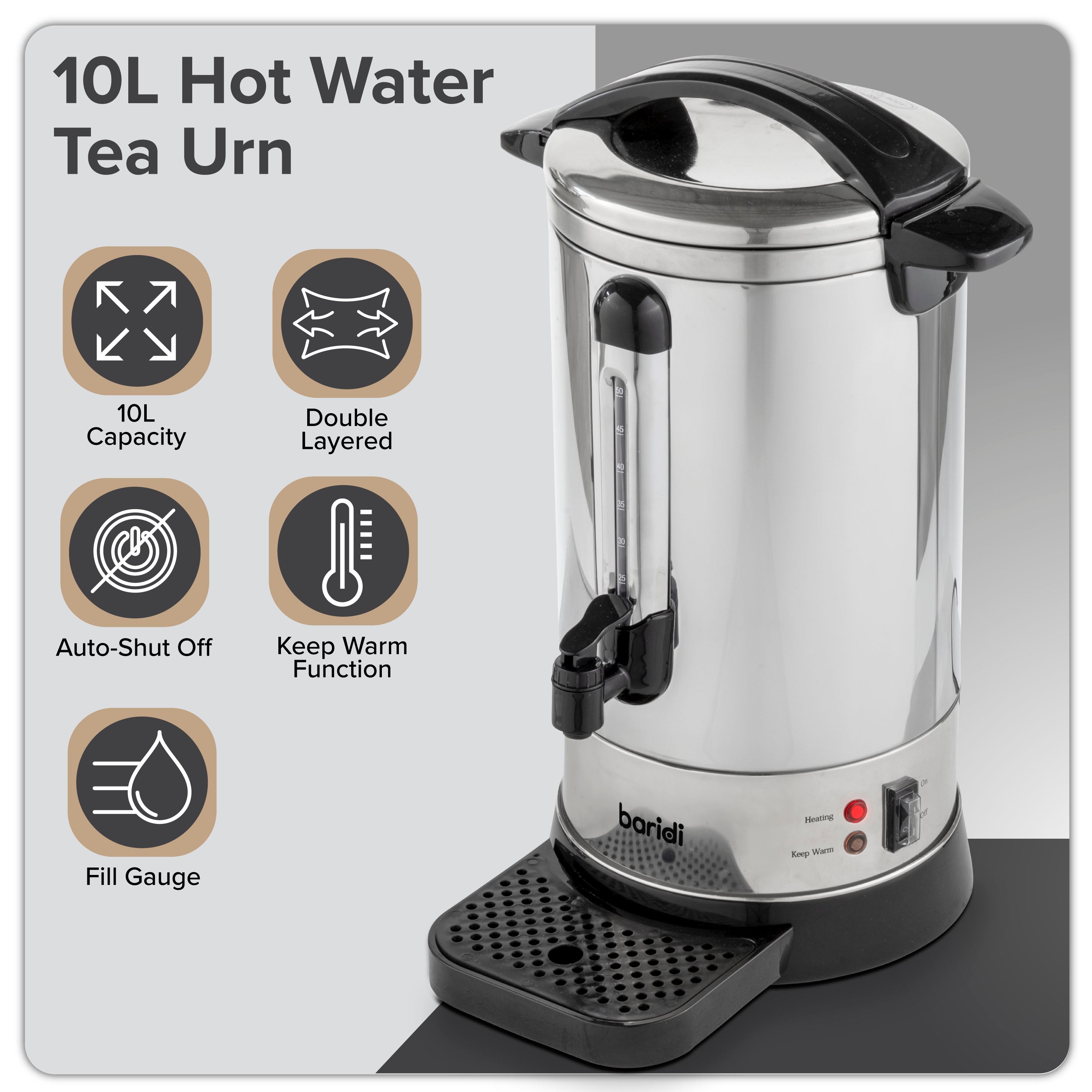 Baridi 10L Stainless Steel Hot Water Boiler & Tea Urn with Drip Tray - Keep Warm Function for Coffee, Tea & Catering - Perfect for Restaurants, Cafes & Events
