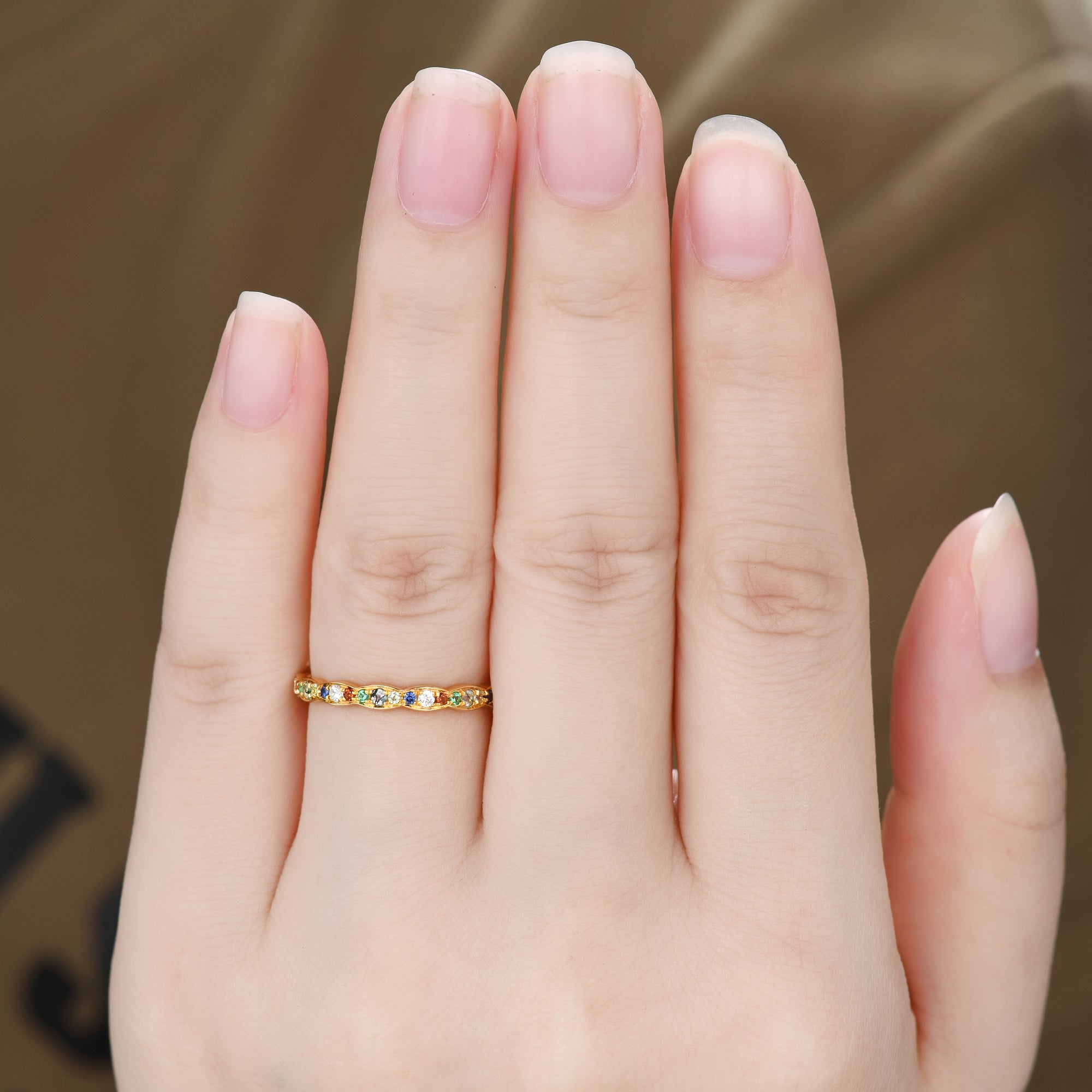 Moss Agate Wedding Band Family Birthstone Ring in Yellow Gold with Rainbow Colors - Perfect for Anniversaries, Engagements, and Special Occasions