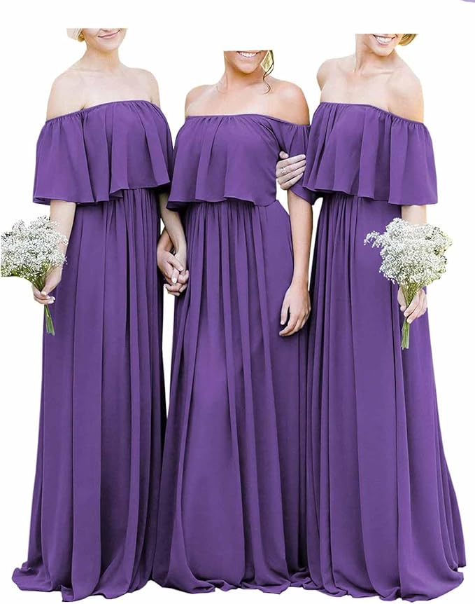 Elegant Long Off the Shoulder Burgundy Chiffon Boho Bridesmaid Dresses for Weddings & Special Occasions - Flowy & Comfortable