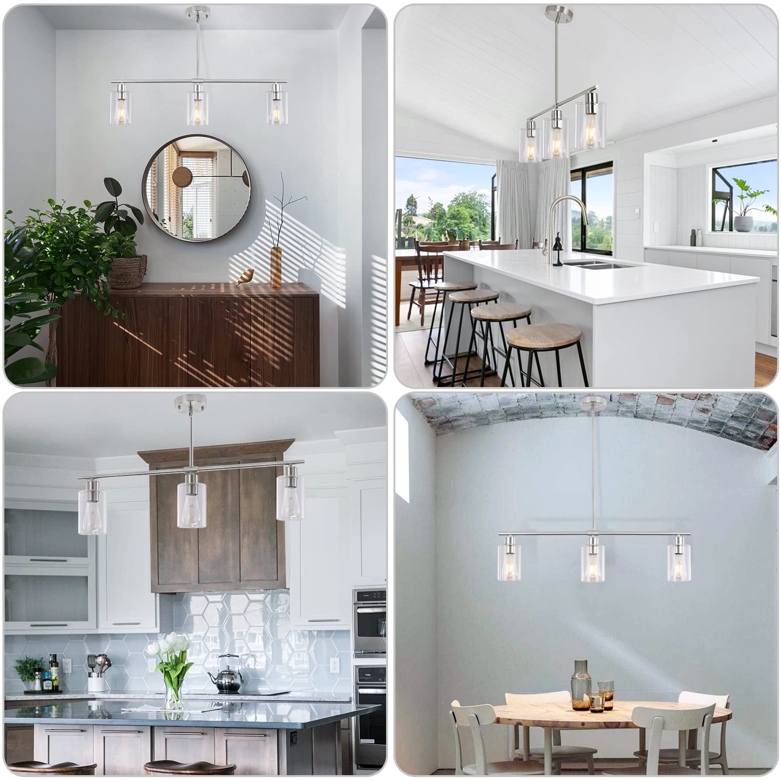Modern 3-Light Brushed Nickel Pendant Lighting Fixture with Glass Shade - 31