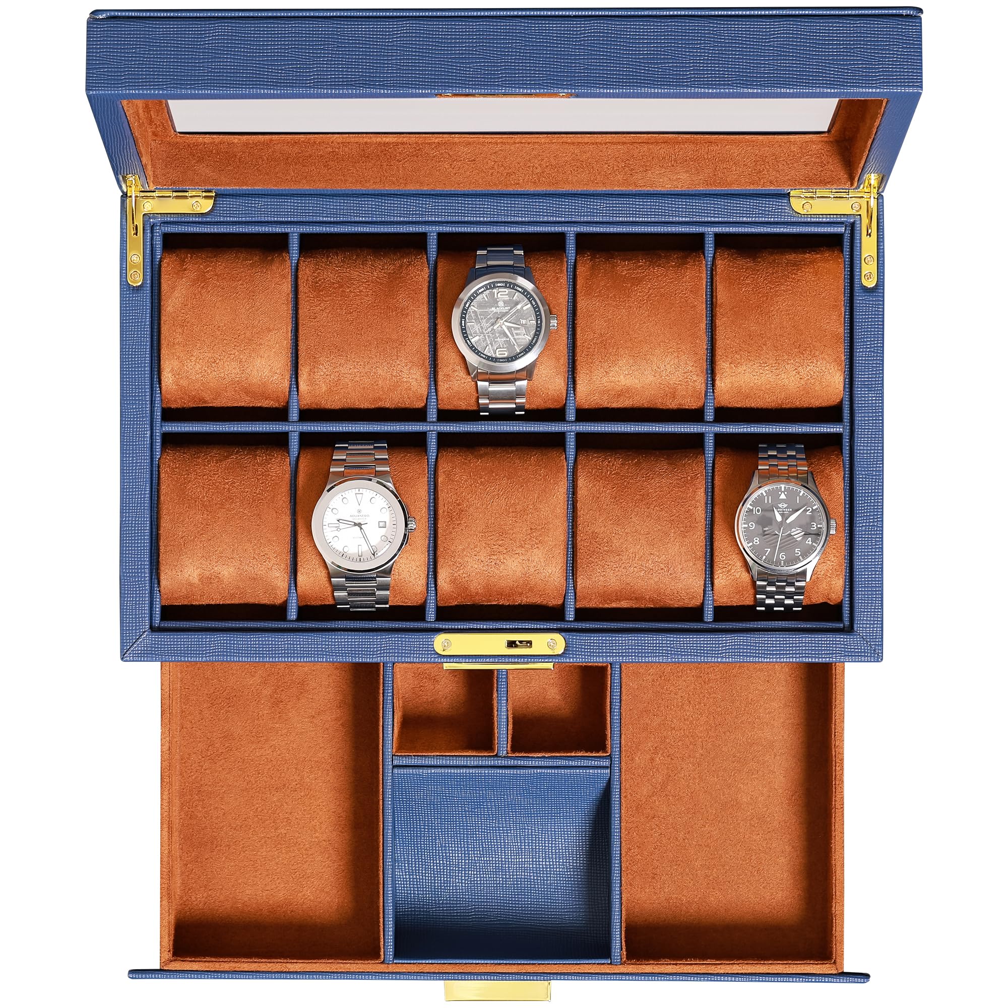 Premium ROTHWELL 10-Slot Leather Watch Box with Valet Drawer - Luxury Watch Case Organizer with Soft Microsuede Liner, Jewelry & Sunglass Storage - Large Glass Top Display (Blue/Tan) - Perfect for Watch Collectors, Travel & Gift Giving
