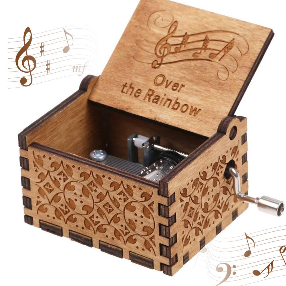 CDIYTOOL Vintage Wooden Music Box - Hand Cranked Over the Rainbow Musical Gift Box with Engraved Design | Perfect for Weddings, Anniversaries & Romantic Gifts
