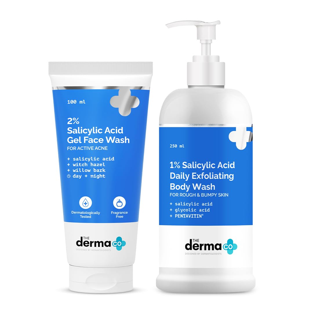 The Derma Co. Anti-Acne Face & Body Wash Combo - 2% Salicylic Acid Face Cleanser (100ml) + 1% Salicylic Acid Exfoliating Body Wash with Glycolic Acid & Pentavitin (250ml) | Fights Breakouts, Deep Cleans & Smooths Skin | Perfect for Daily Acne Treatment & Body Exfoliation