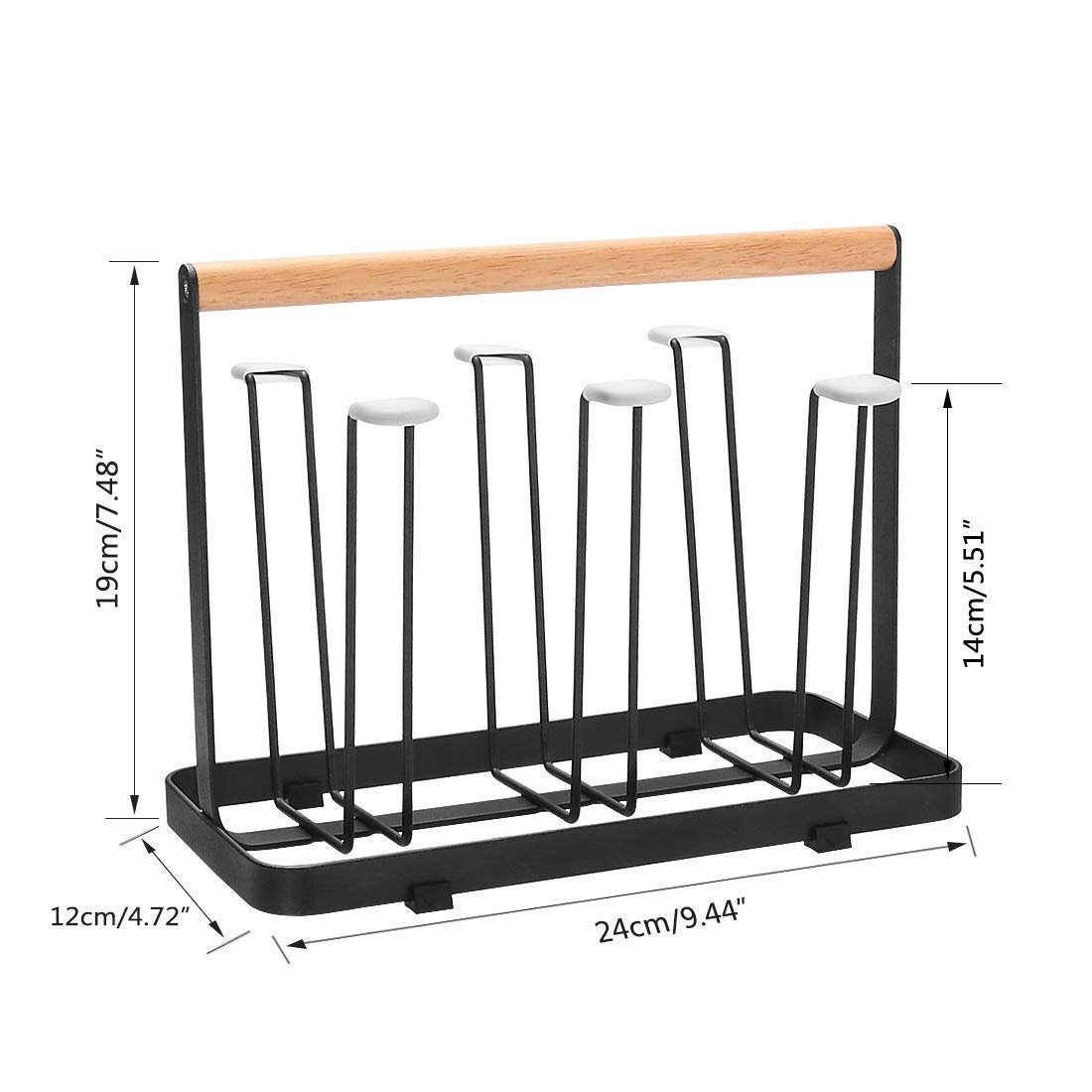 CARTBURG 6-Slot Black Glass Holder with Wooden Handle - Kitchen Mug & Cup Organizer Shelf, Drinkware Drying Rack with Hooks - Perfect for Dining Room, Coffee Bar & Kitchen Counter Organization