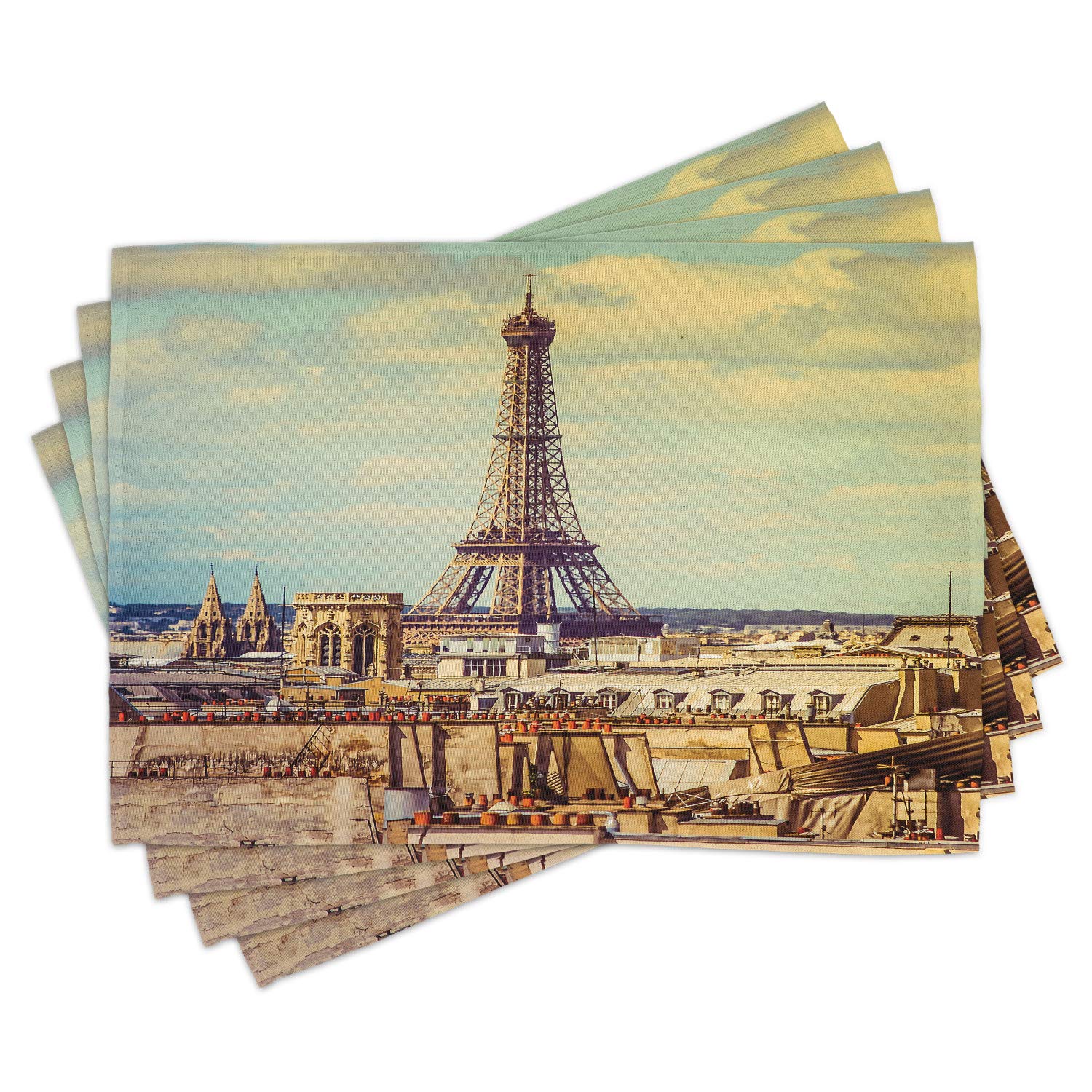 Ambesonne Eiffel Tower Place Mats Set of 4 - Vintage Parisian Cityscape Design, Washable Fabric Table Mats for Dining Room & Kitchen Decor in Almond Green & Yellow - Perfect for French-Themed Dinner Parties & Home Decor