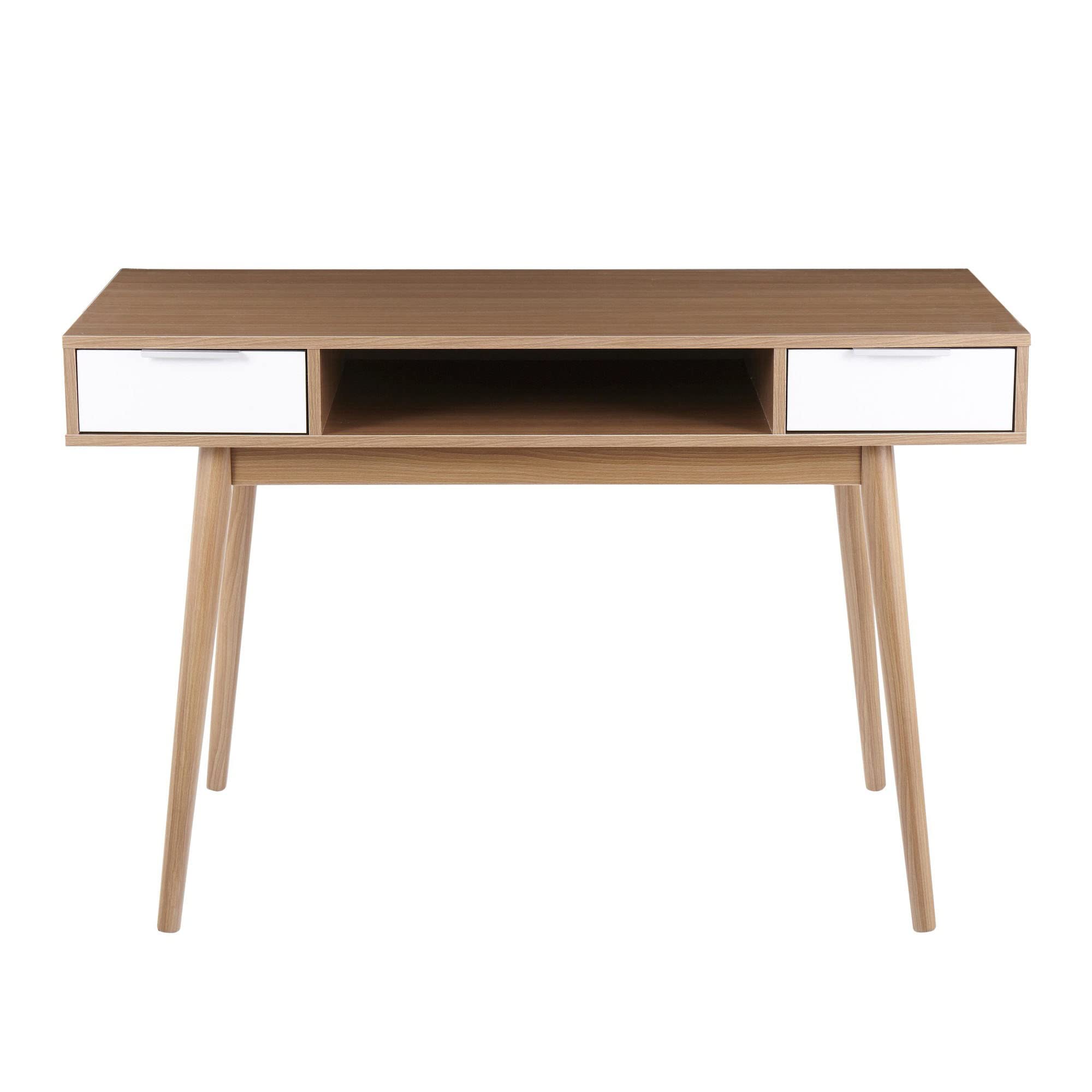 LumiSource Pebble Double Desk - Modern Home Office & Computer Desk with Drawers | Natural Wood & White Finish | Compact Bedroom & Gaming Desk for Small Spaces | Perfect for Remote Work, Study & Gaming Setup