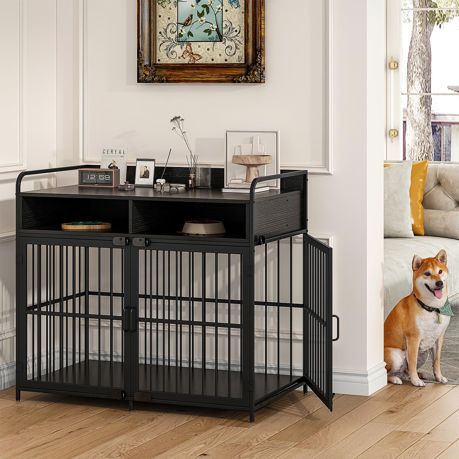 Premium Large Wooden Dog Crate with Storage Drawers - Heavy Duty Indoor Dog Kennel & Side Table - 40.5