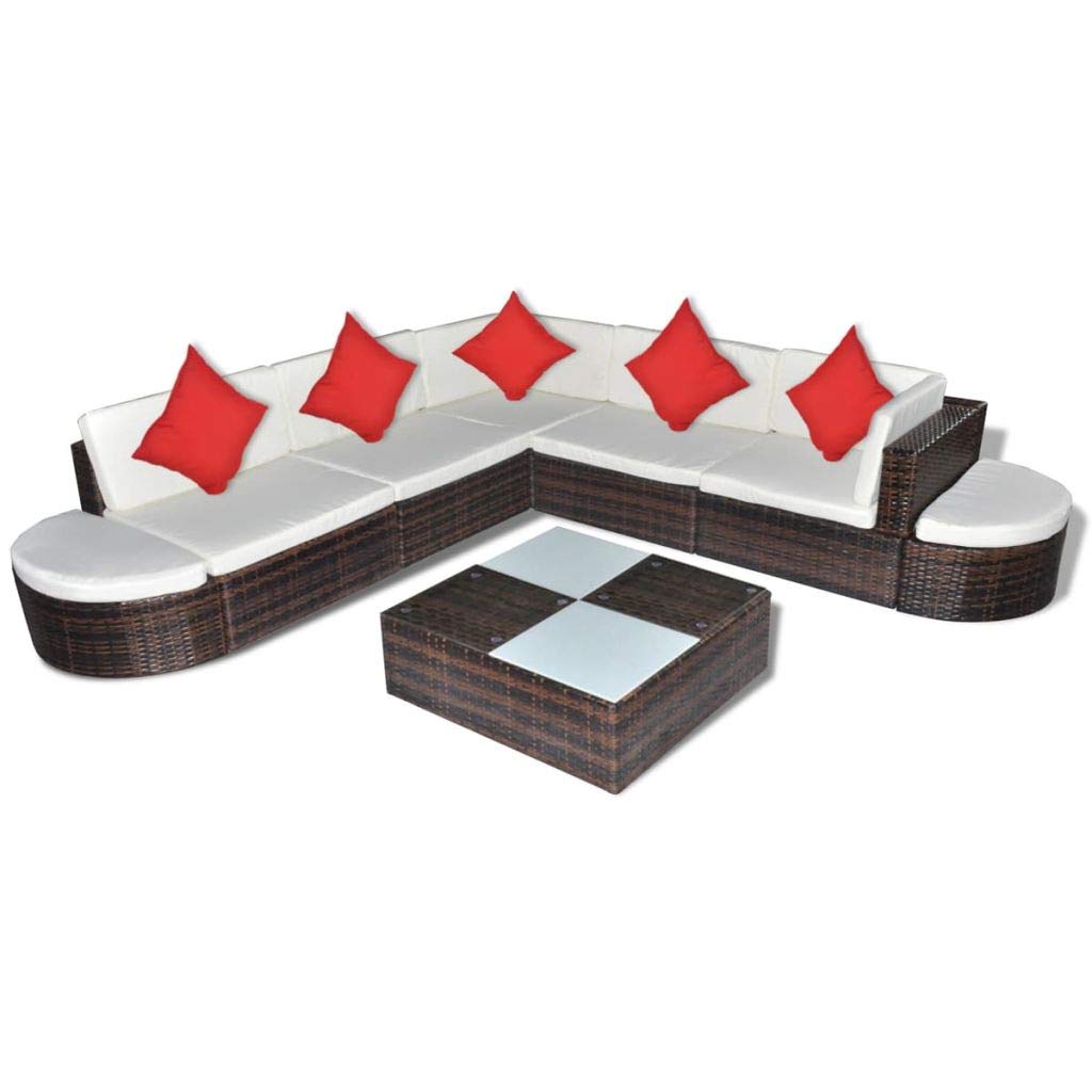 8-Piece Brown Poly Rattan Outdoor Patio Furniture Set with Ottoman, Coffee Table & Cushions - Perfect for Garden, Backyard, Poolside & Conversation Areas