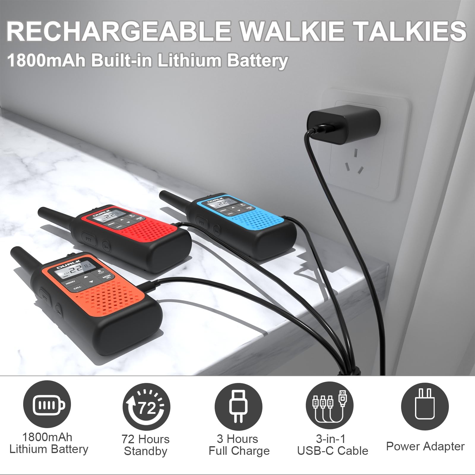 Rechargeable Long Range Walkie Talkies for Adults - 3 Pack Two Way Radios with NOAA Weather Alert, 22 FRS Channels, 1800mAh Li-ion Battery & USB-C Charging - Perfect for Hiking, Camping, Cruises, and Outdoor Adventures