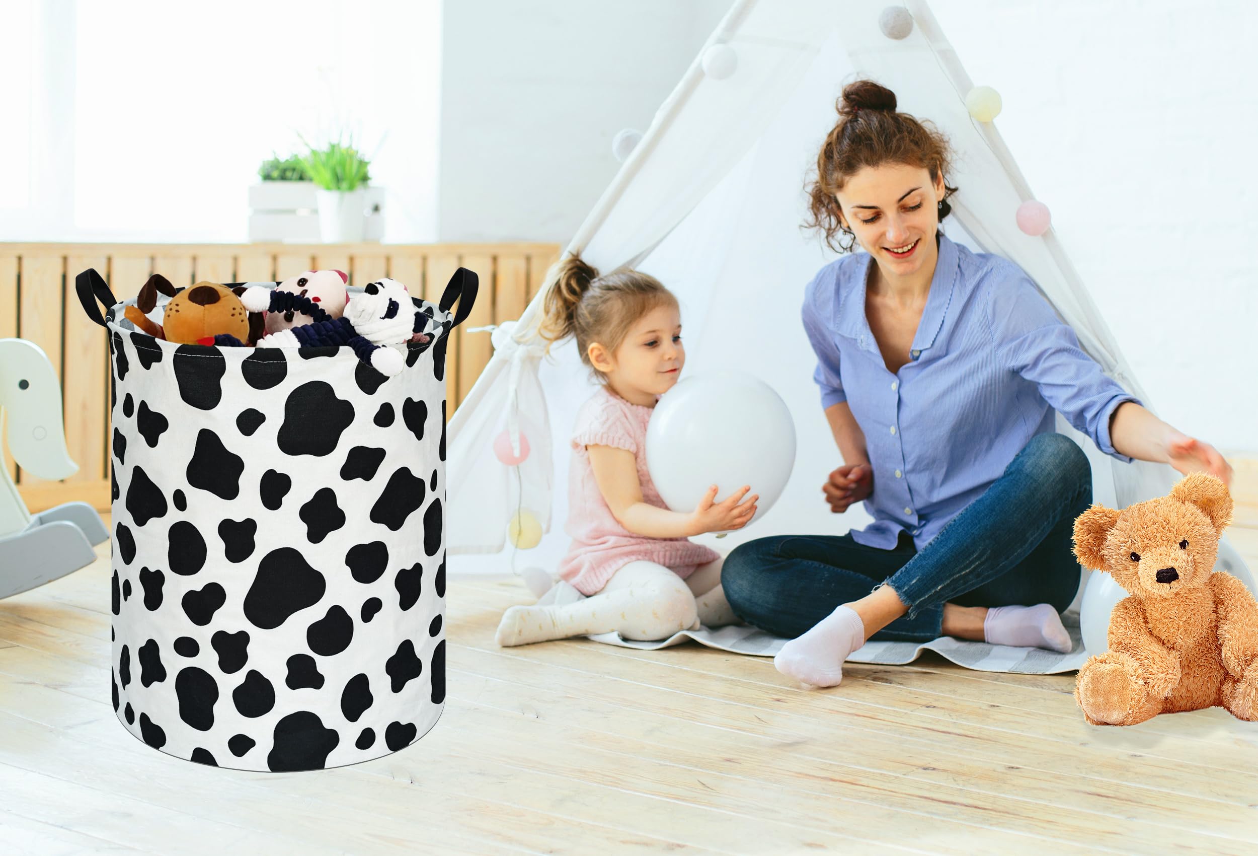 Waterproof Toy Storage Bin - Nursery Hamper, Kids Bedroom Organizer, Laundry Basket with Round Cow Pattern - Perfect for Baby Gifts, Closet Decor & Home Organization