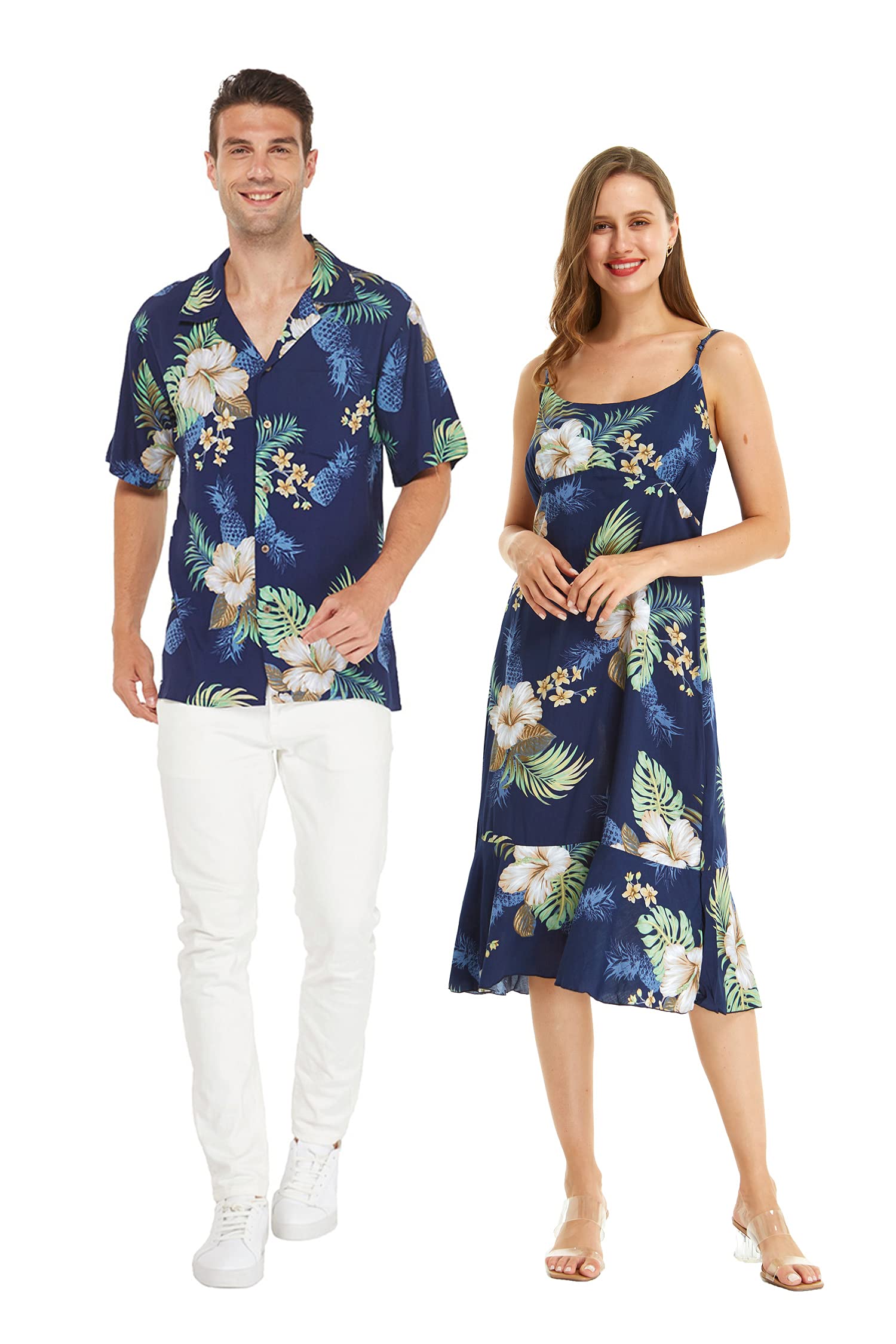 Pineapple Print Hawaiian Couple Shirts & Mermaid Ruffle Dress Set - Navy Blue Tropical Luau Outfits for Beach Vacation, Summer Party, and Hawaiian Theme Date Night