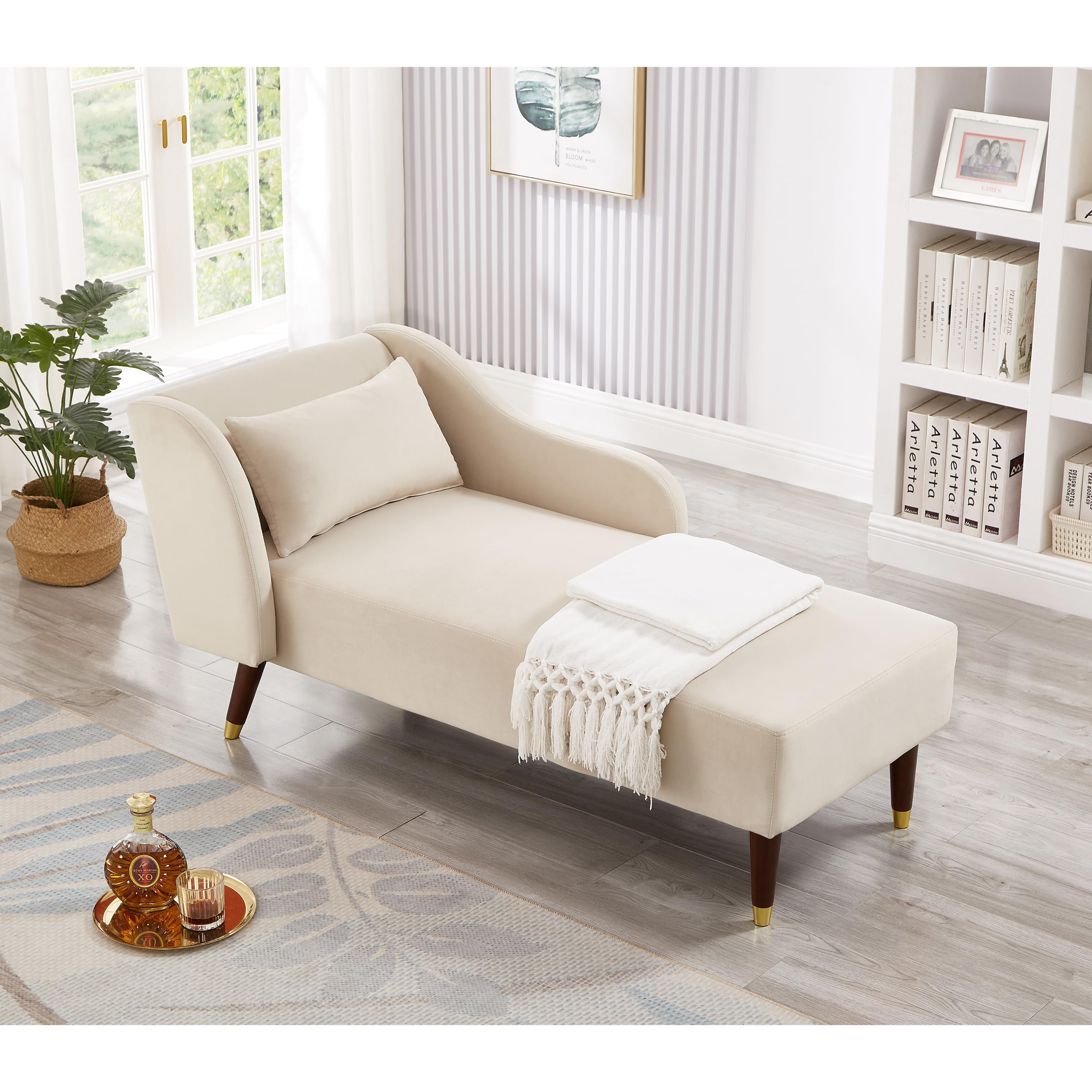 Velvet Upholstered Chaise Lounge Chair with Pillow - Solid Wood Legs Modern Indoor Lounge Chair for Living Room, Bedroom & Office - Beige - Perfect for Relaxing, Reading & Home Decor