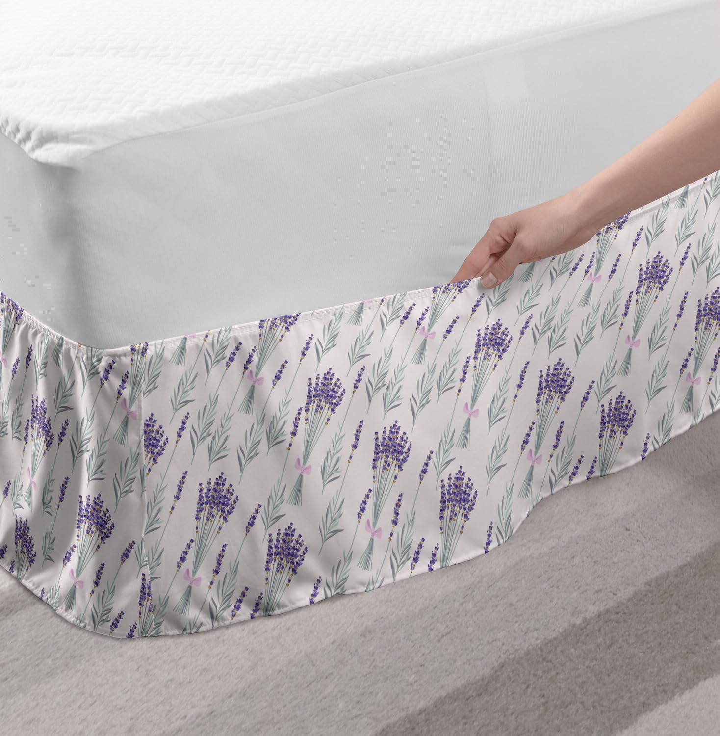 Ambesonne Lavender Bedskirt - Floral Ribbon Blossom Design on Pastel Backdrop, Elastic Wrap Around Bed Skirt with Gathered Detail for King Size Beds | Perfect for Bedroom Decor & Home Styling