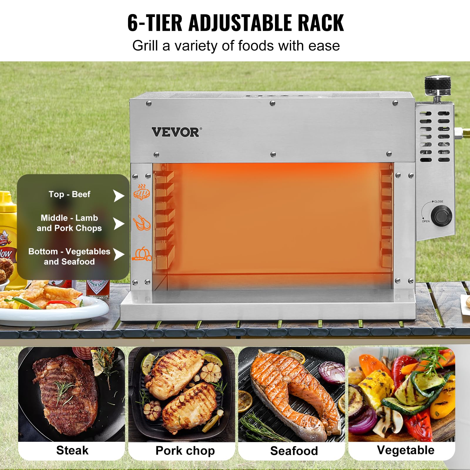 VEVOR 1500°F Portable Propane Steak Grill - 6-Tier Adjustable Stainless Steel Infrared BBQ Cooker for Perfect Steaks, Burgers & Toast | Outdoor Cooking, Backyard Parties & Camping Trips