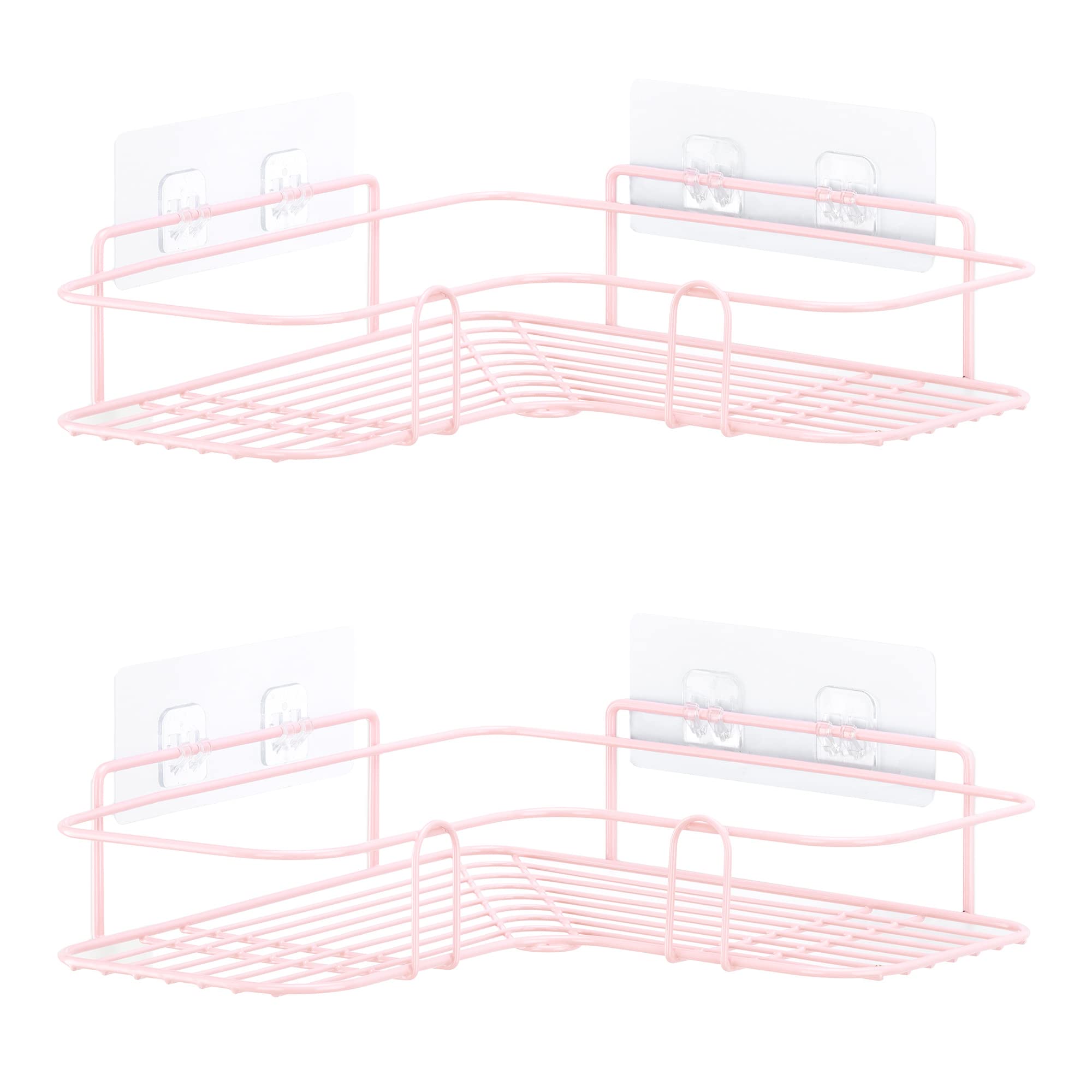 Navaris Self Adhesive Shower Caddy Set of 2 - Waterproof Bathroom Organizer Shelves for Corner Wall Mount - Space Saving Toiletry Shampoo Storage Rack Holder in Pink - Perfect for Small Bathrooms, Apartments and Dorm Rooms