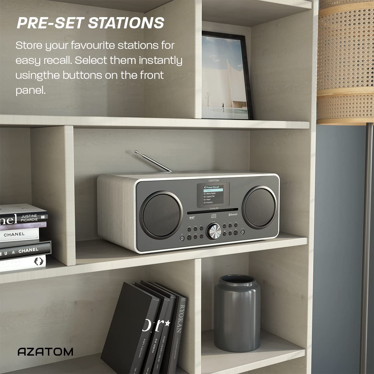 Premium DAB DAB+ Digital FM Radio with CD Player, Bluetooth Speaker System, USB Charger & MP3 Playback - High Quality Sound, Alarm, Equalizer & Remote Control (AZATOM Trinity White) - Perfect for Home, Office & Outdoor Entertainment