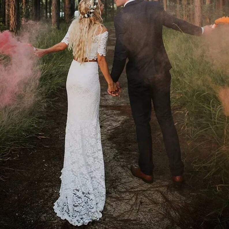 Off the Shoulder 2 Piece Lace Beach Wedding Dress - Summer Bridal Gown with Short Sleeves for Beach Ceremony, Destination Wedding & Boho Photoshoot