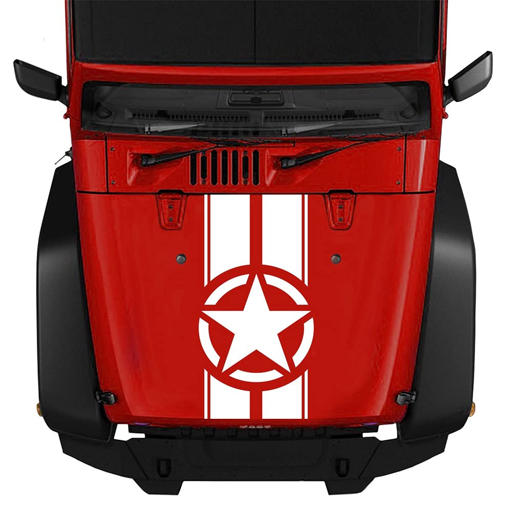 Jeep Wrangler TJ LJ JK Military Star Stripes Vinyl Decal Hood Sticker - Waterproof DIY Car & Truck Accessories (Red) - Perfect for Off-Road Adventures & Vehicle Customization