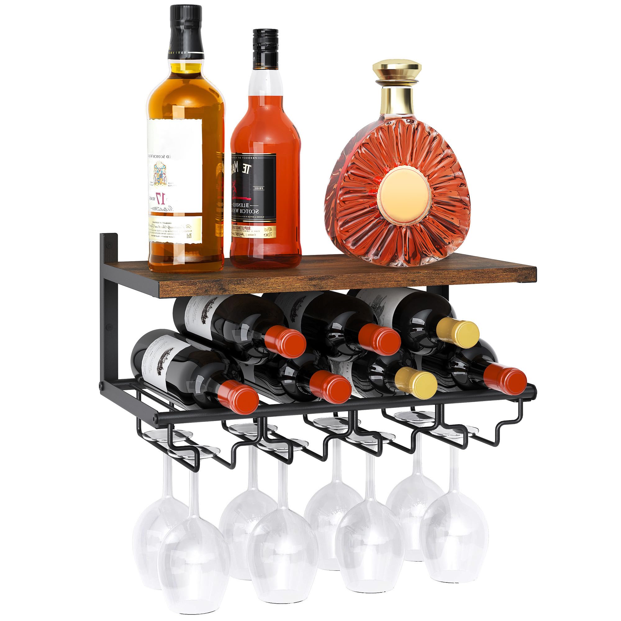 2-Tier Wall Mounted Wine Rack with Bottle Holder & Glass Storage - Rustic Bar Shelves for Liquor Display - Space-Saving Hanging Wine Rack for Home Bar, Kitchen, Dining Room & Wine Cellar Organization