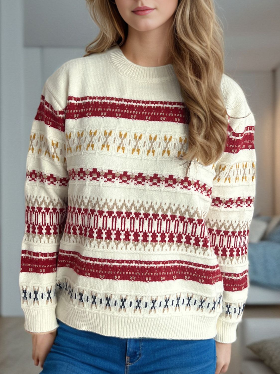 Geometric Pattern Round Neck Long Sleeve Women's Sweater - Cozy Winter Pullover for Casual Outfits & Office Wear