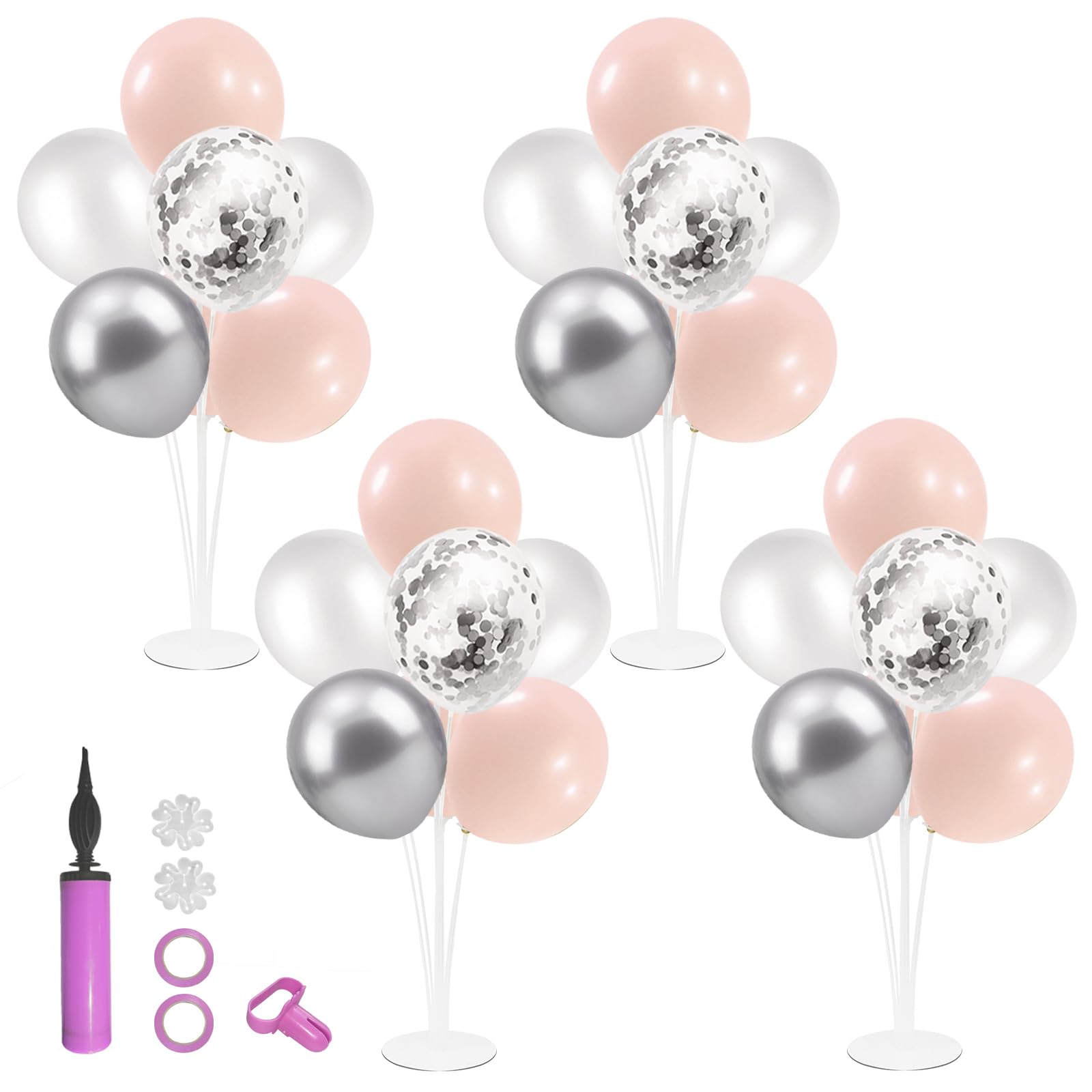 Pink and Silver Balloon Stand Centerpiece - 4-Piece Set for Baby Shower, Wedding, Engagement, Bridal Shower, Anniversary, Mother's Day & Birthday Party Decorations | Elegant Table Decor for Special Celebrations & Events