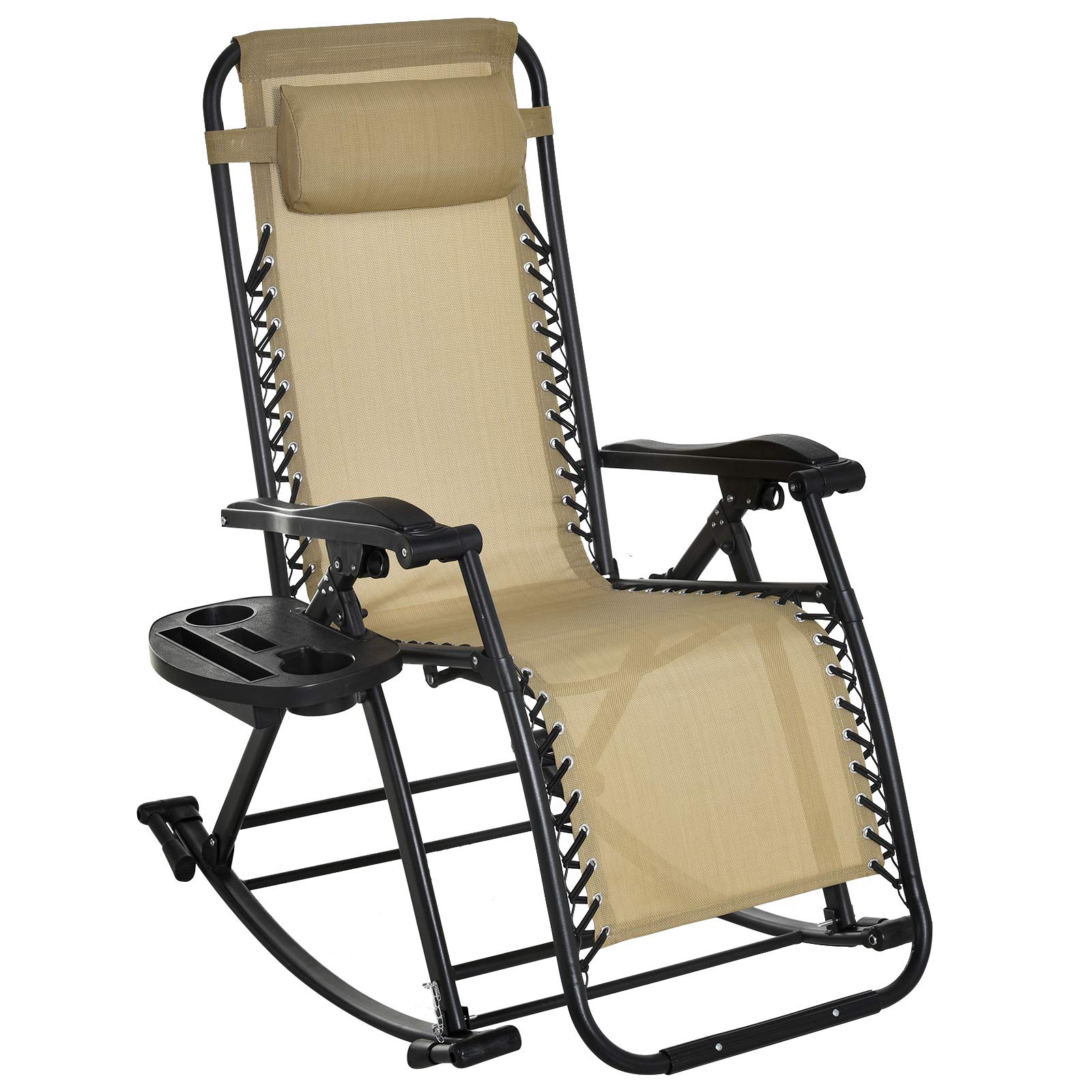 Outsunny Zero Gravity Reclining Rocker Chair with Side Tray & Cup Holder - Adjustable Folding Lounge Chair with Pillow for Patio, Backyard, Poolside Relaxation | Beige Outdoor Rocking Chair
