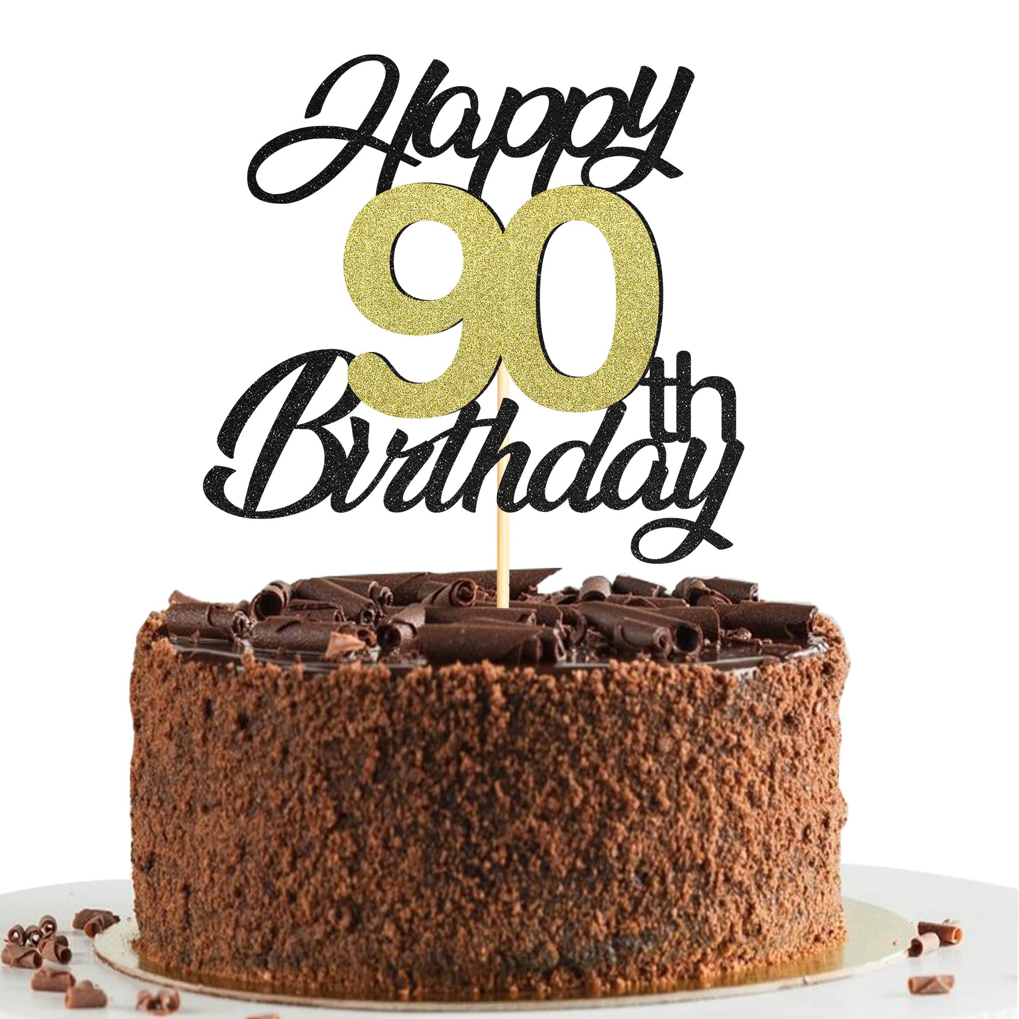 Elegant Black & Gold Glitter 90th Birthday Cake Topper - Happy 90th Birthday Cake Decorations for Women & Men - Perfect for Milestone Birthday Parties & Celebrations
