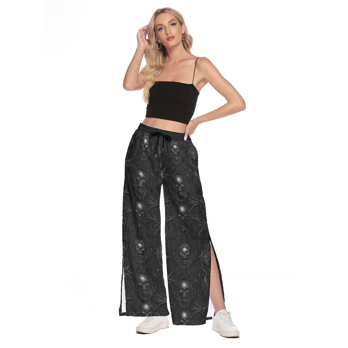 Gothic Skull Print Side Slit Snap Button Pants for Women - Edgy Streetwear & Punk Fashion - Perfect for Concerts, Halloween & Alternative Outfits