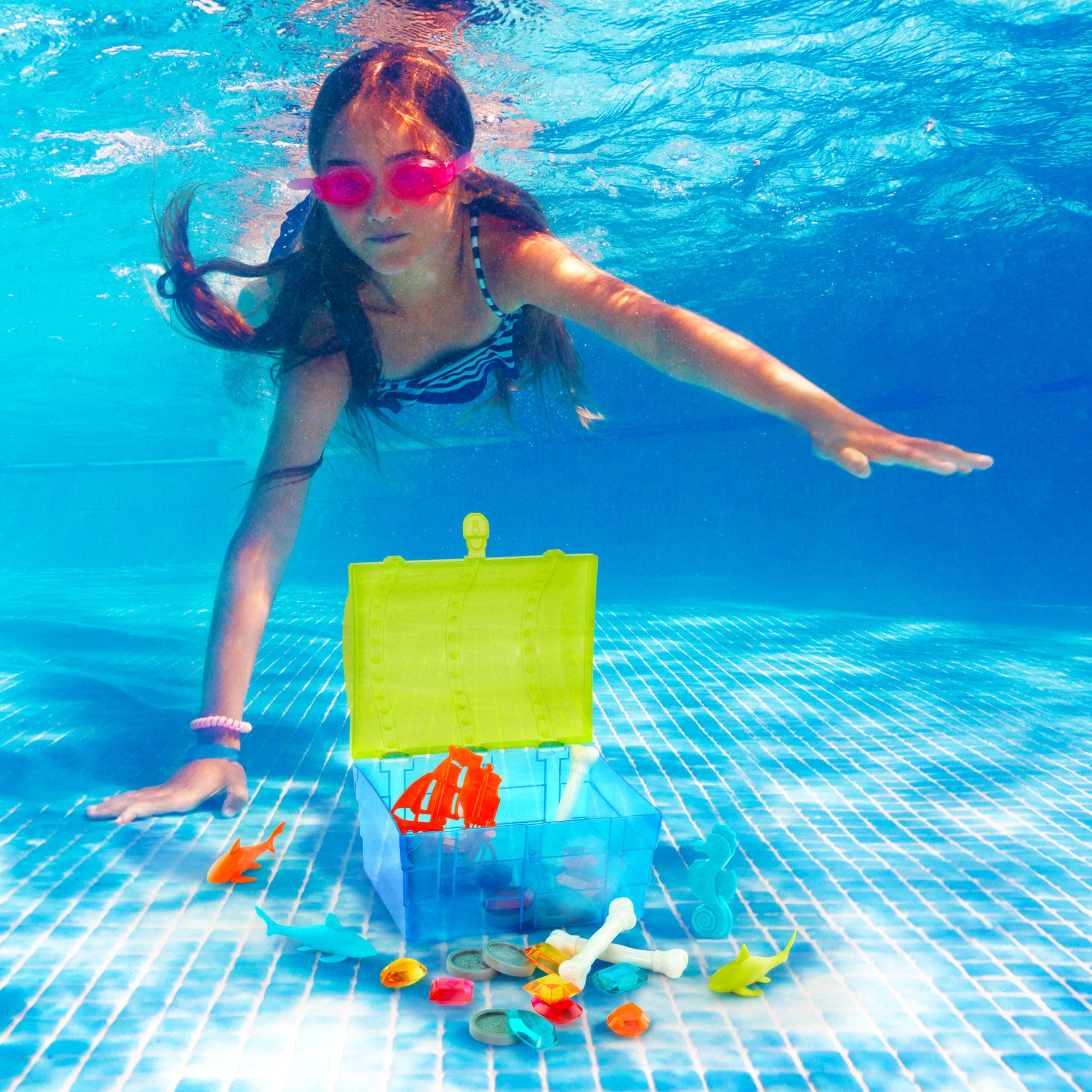 Battat Pirate Treasure Chest Diving Game for Kids - 28 Pc Underwater Pool Toys Set for Ages 8+ - Perfect for Summer Beach, Pool Parties & Backyard Water Play