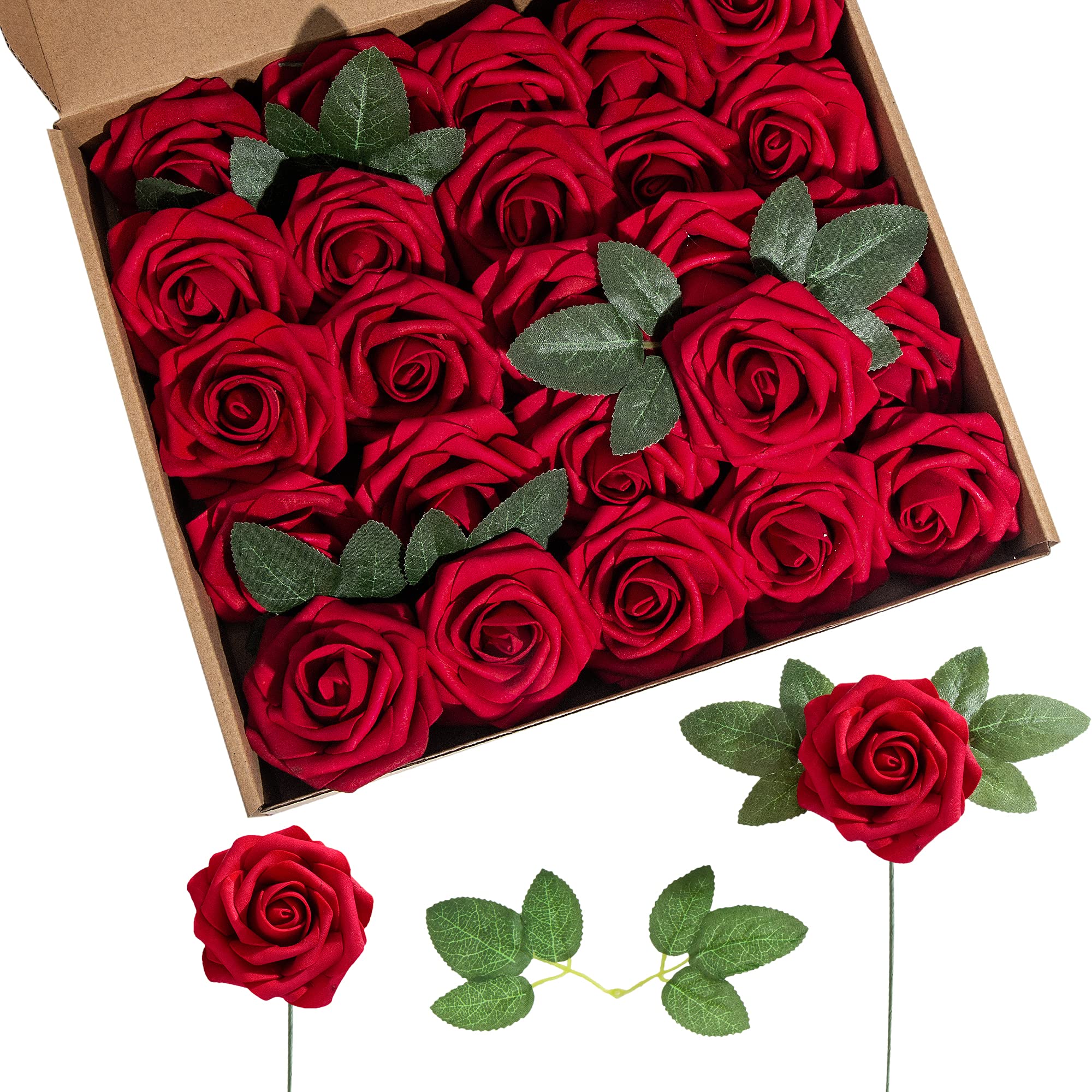 25pcs Realistic Artificial Foam Roses with Stems & Leaves - Dark Red Fake Flowers for Home Decor, Wedding Bouquets, Party Centerpieces, DIY Crafts, Garden Arrangements - Perfect for Valentine's Day, Anniversaries & Table Decorations