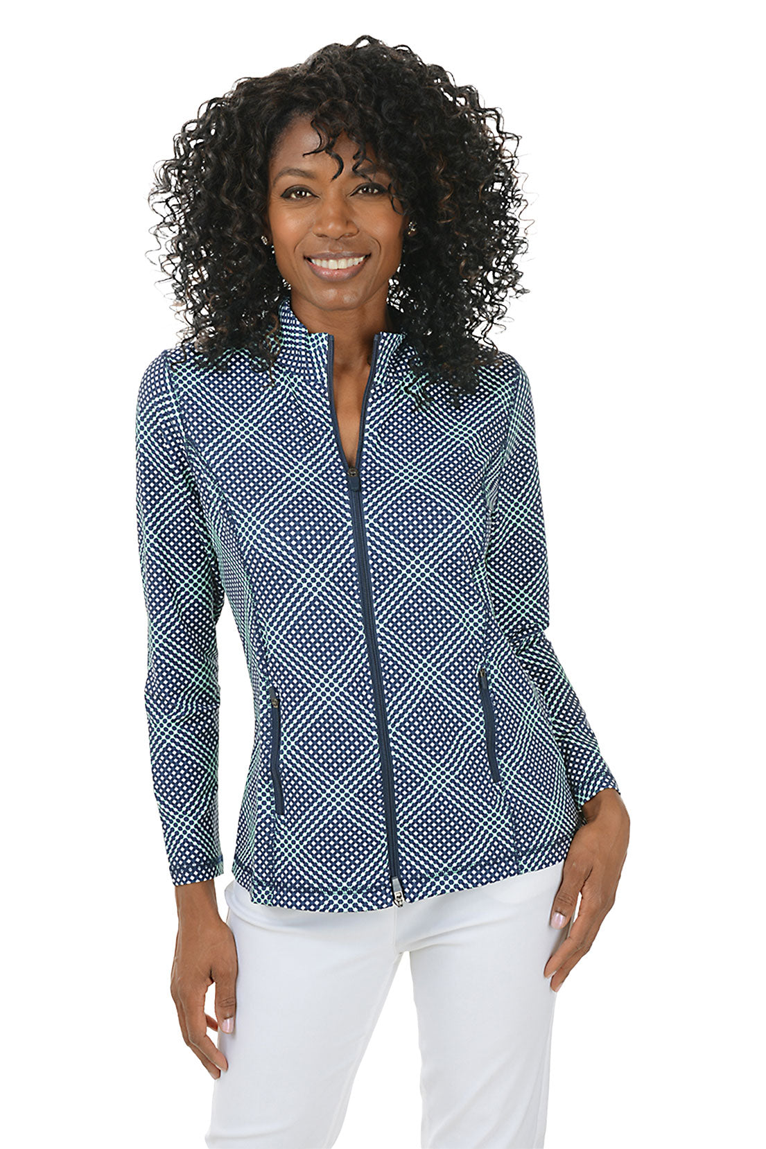 UPF50+ Navy Gingham Zip Front Sun Protection Jacket for Women - Perfect for Beach, Hiking & Outdoor Activities