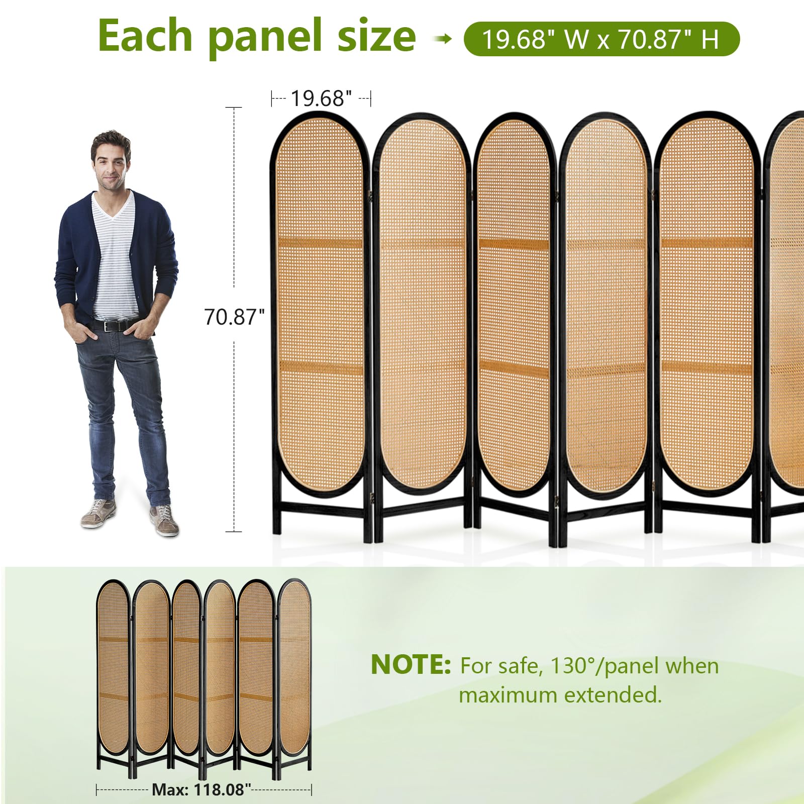 6 Panels Hand-Woven Rattan Room Divider - Freestanding Folding Privacy Screen for Home Office & Bedroom - Wooden Partition Wall for Indoor Space Separation - Black